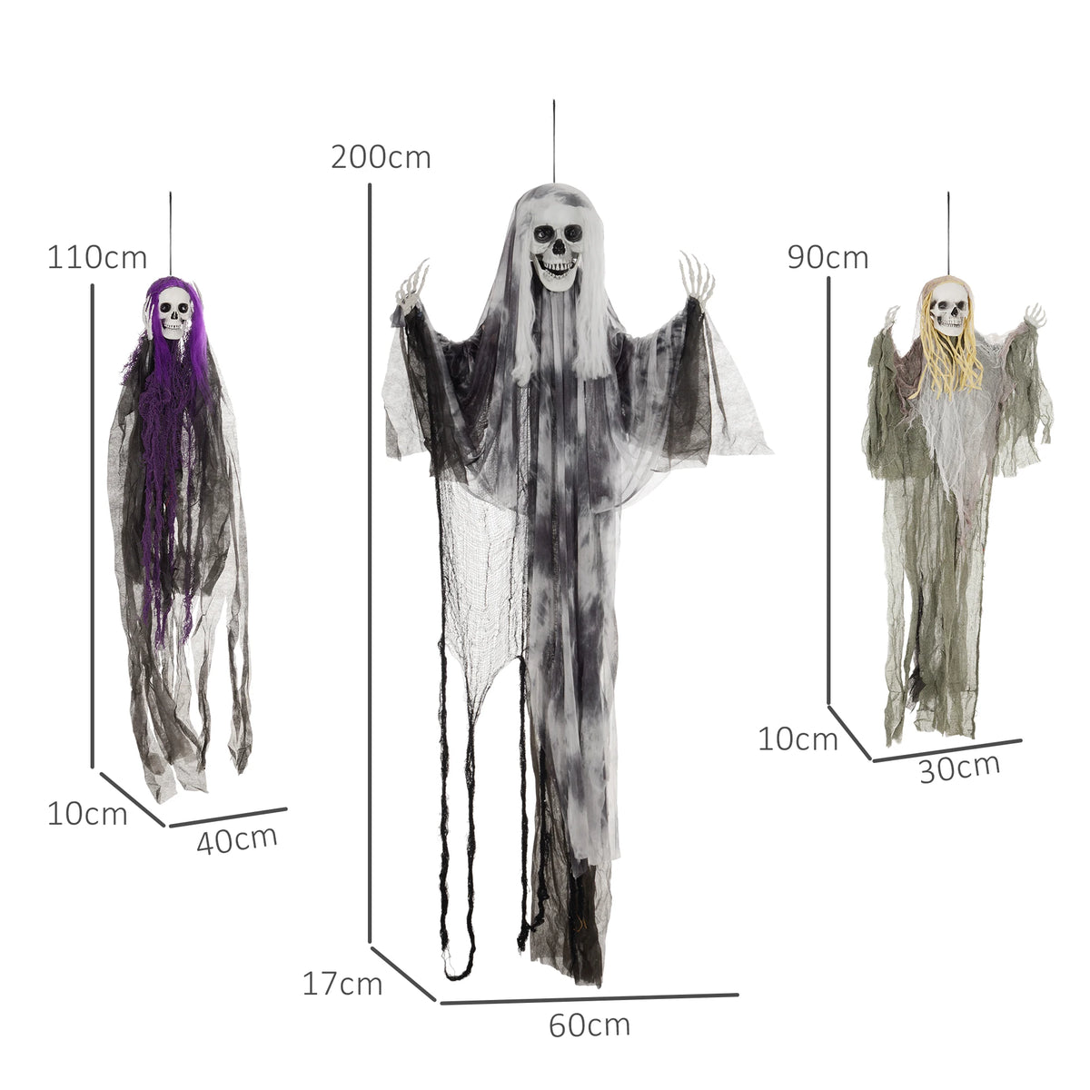 HOMCOM Set of 3 Hanging Skeletons & Flying Ghosts – Halloween Decorations