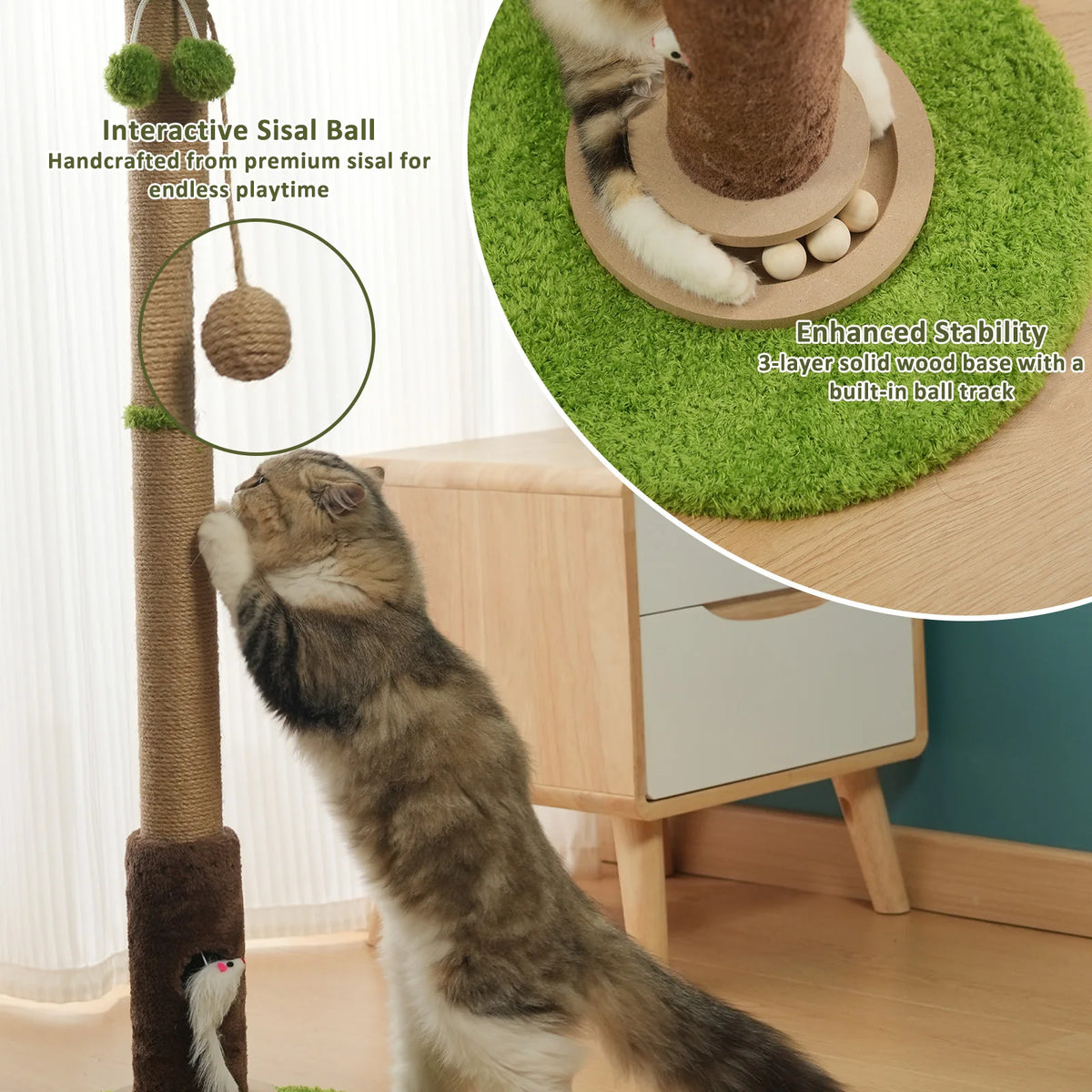 Tree Shaped Cat Scratching Post 56cm 93cm with Dangling Balls Spring Toys Rat Hole Sisal for Kittens Adult Cats