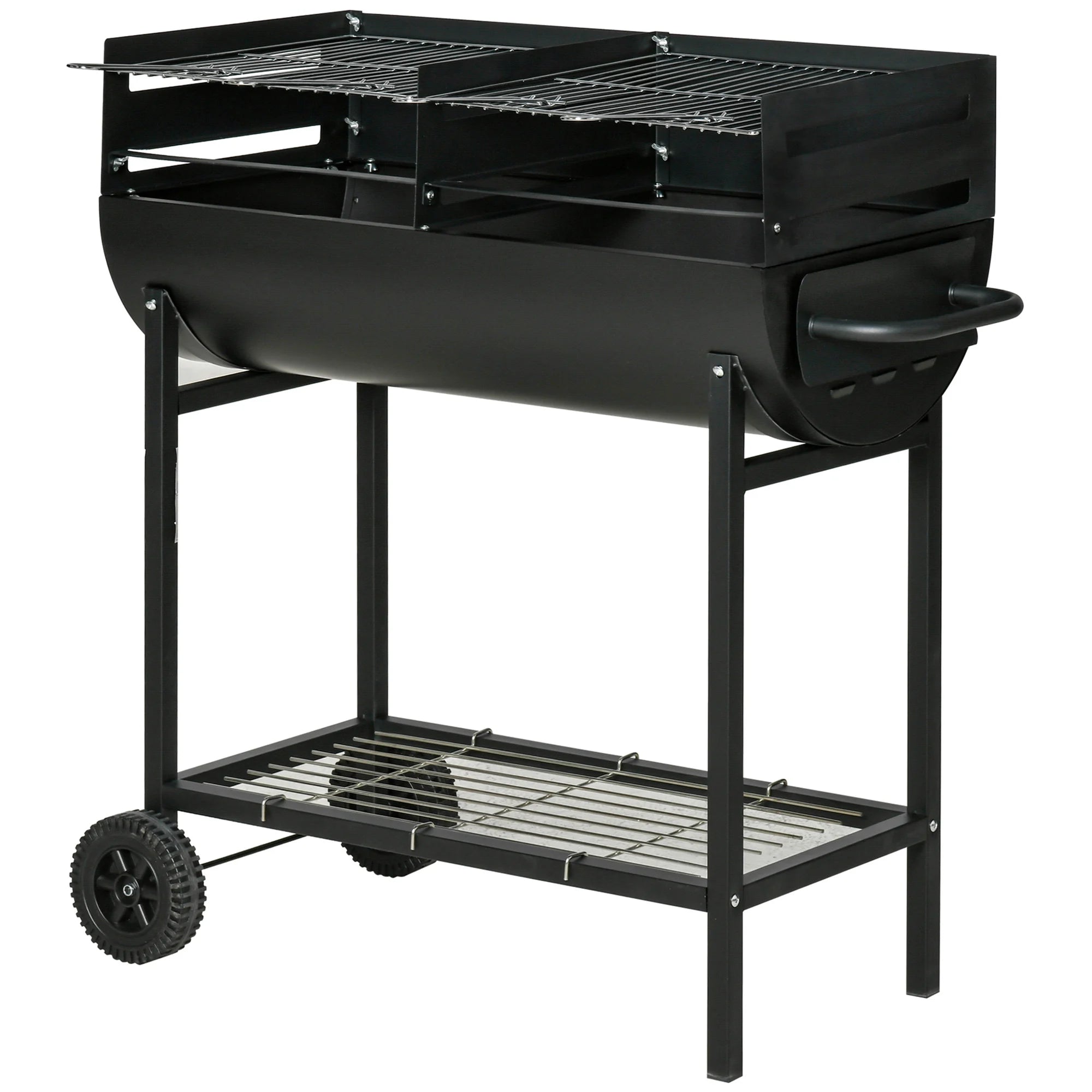 Portable Charcoal BBQ Grill Trolley 2 Grilling Areas Adjustable Height 3 Levels Wind Boards 2 Wheels Black