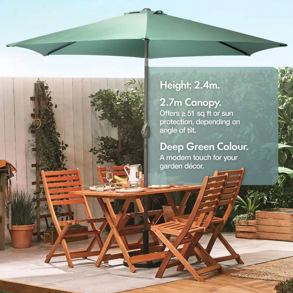 2.7m Garden Parasol with Base, Crank and Tilt, UV30, Dark Green