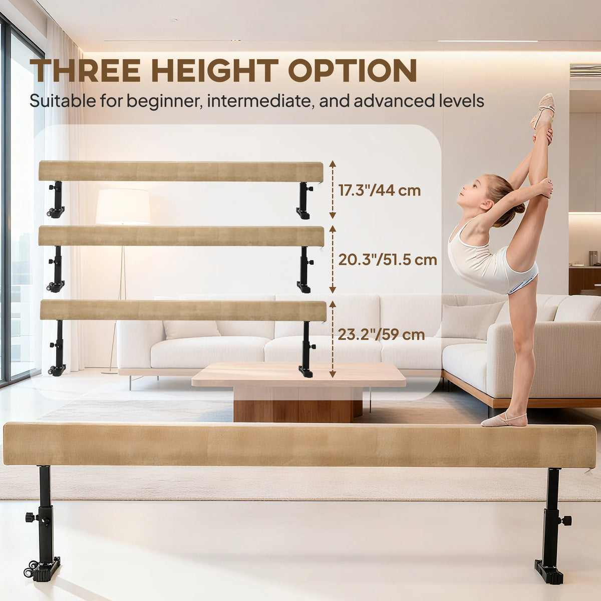 226cm Adjustable Gymnastics Balance Beam with Wheels, Suede-Feel Cover