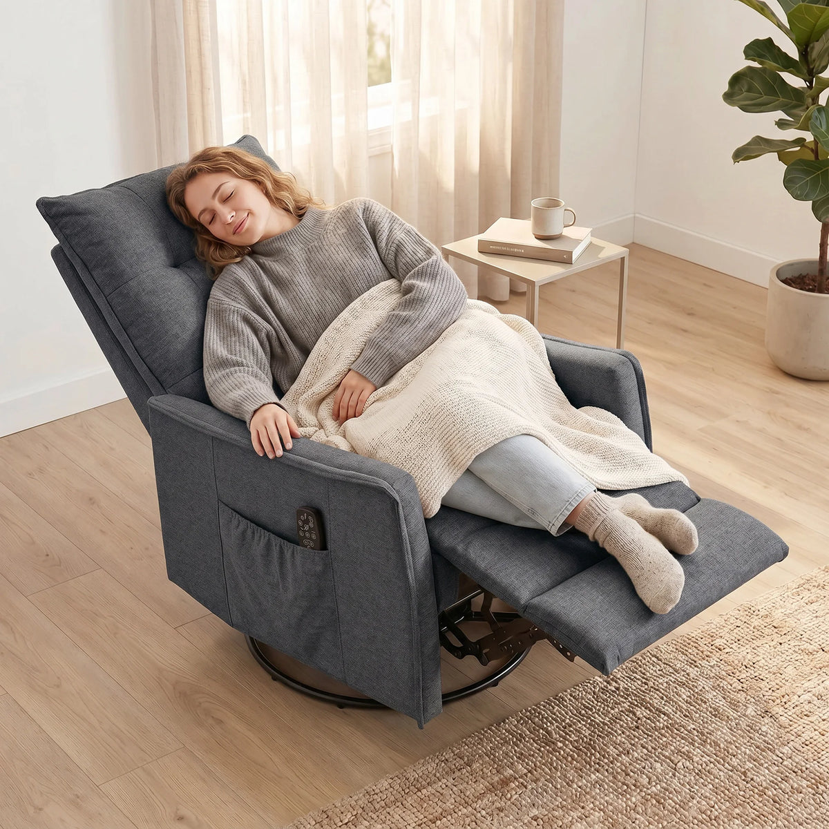 Massage Recliner Armchair with 8 Vibration Points Lumbar Heat 360° Swivel and 155° Recline Chenille Dark Grey