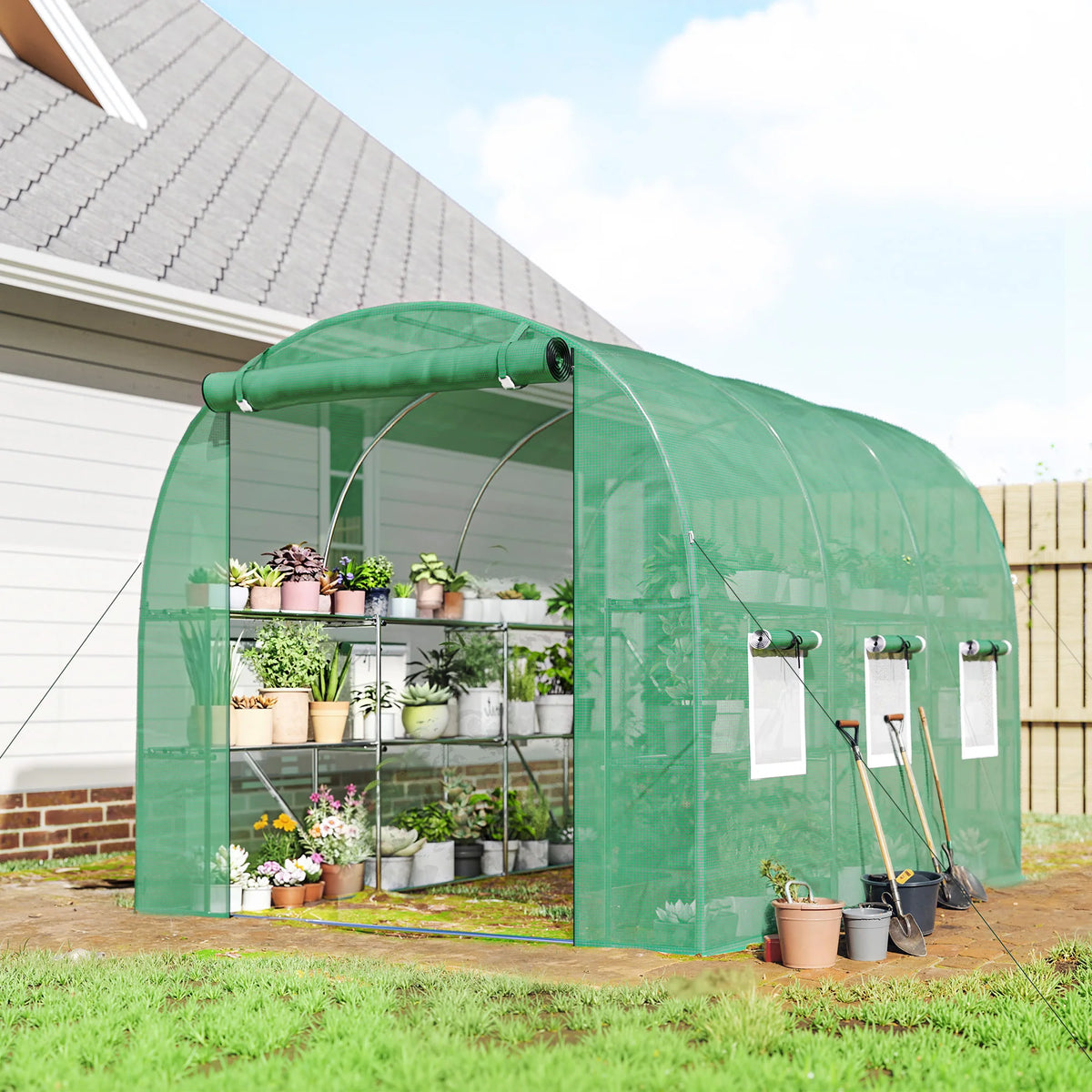 Walk-In Polytunnel Greenhouse with Shelves, Roll-Up Door and Mesh Windows, Green