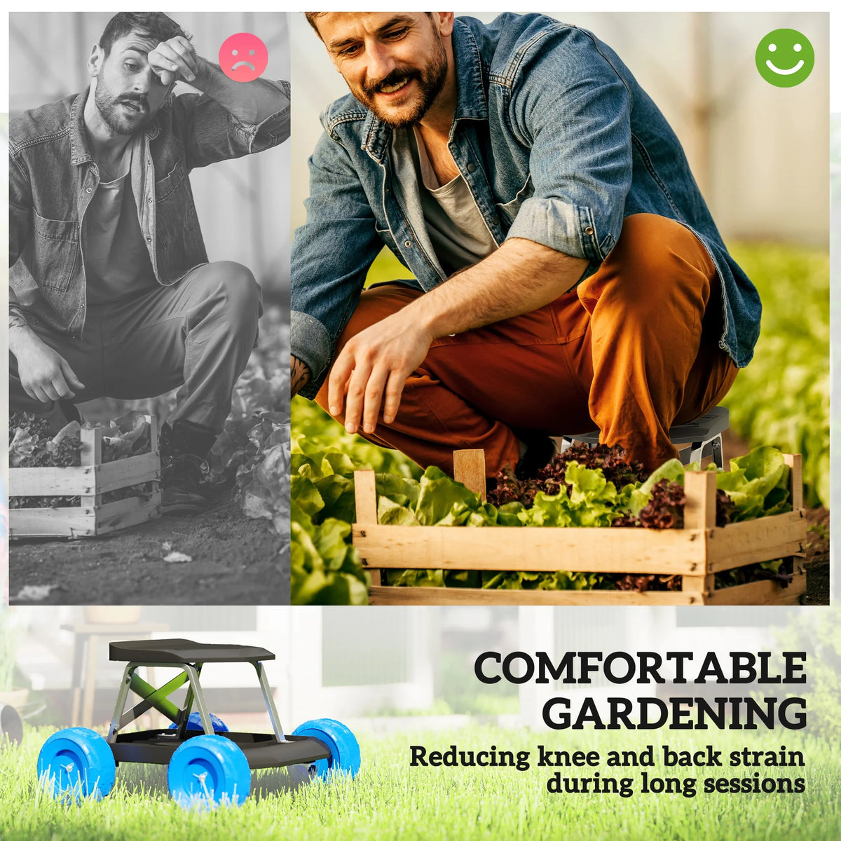 Garden Cart with Wheels, Garden Stool Trolley with Tool Tray, Rolling Garden Seat for Planting, Weeding