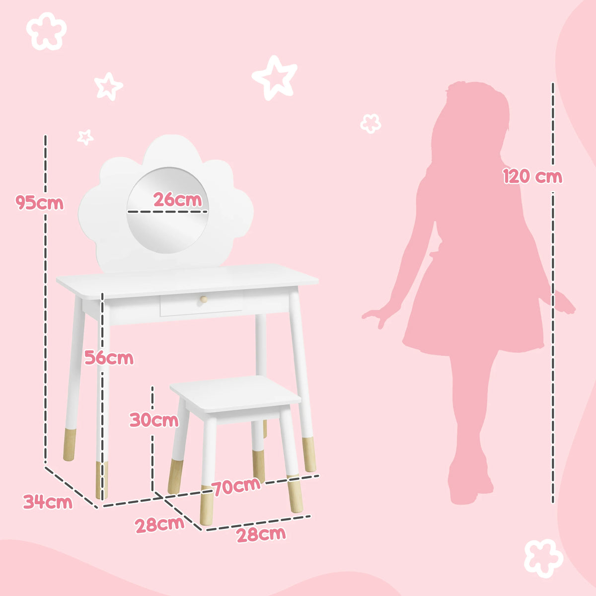 Kids Dressing Table and Stool Set with Cloud Mirror and Drawer, Ages 3–6, White