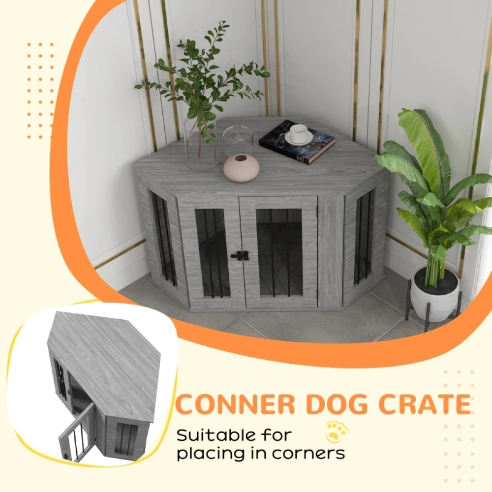 2 in 1 Dog Crate Furniture Side Table 104x55x63cm with Cushion Grey for Medium Dogs