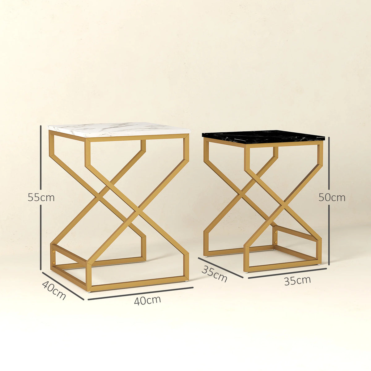 Nest of 2 Coffee Tables with Marble Effect Tops Gold Tone Steel Frames 100kg Each Black and White
