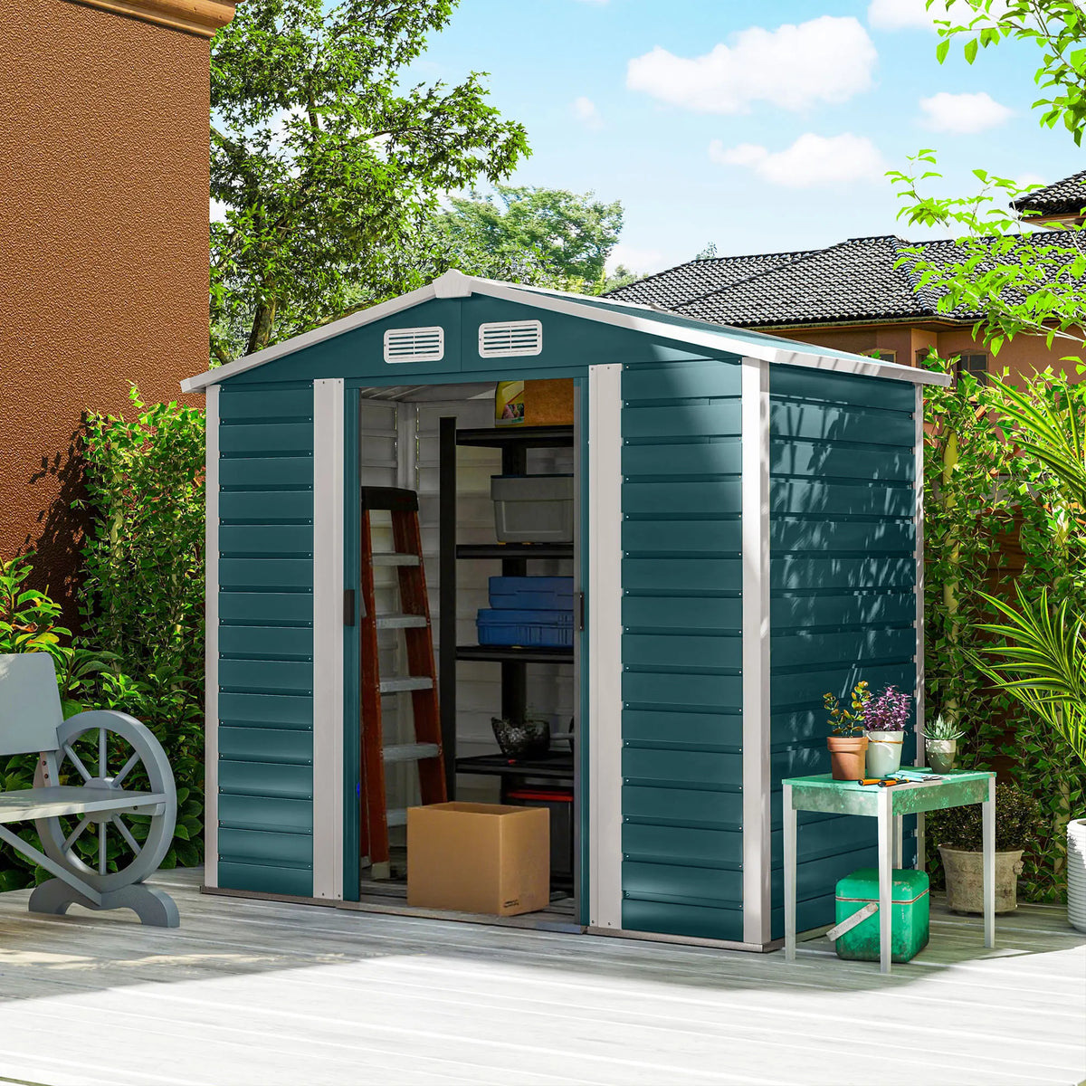 7 x 4ft Metal Garden Shed with Sliding Doors, Apex Roof and Vents, Green