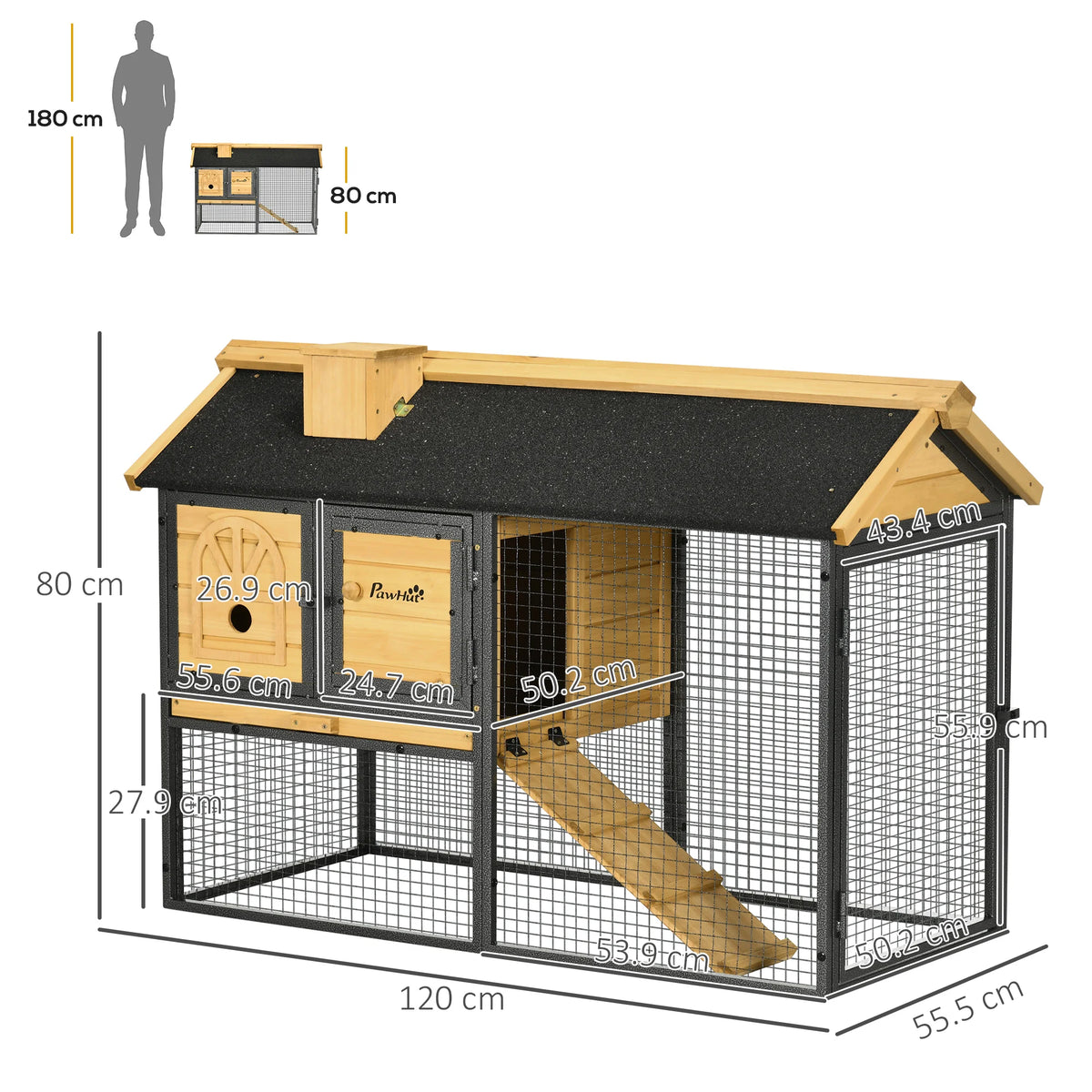 4ft Rabbit Hutch 120x55.5x80cm 2 Tier Bunny Cage with Ramp Asphalt Roof and Slide Out Tray