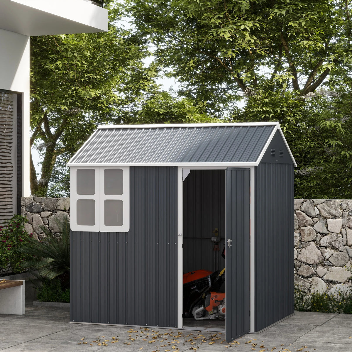 7 x 6 ft Metal Garden Shed, Outdoor Storage Shed with Door, Sloped Roof, Dark Grey