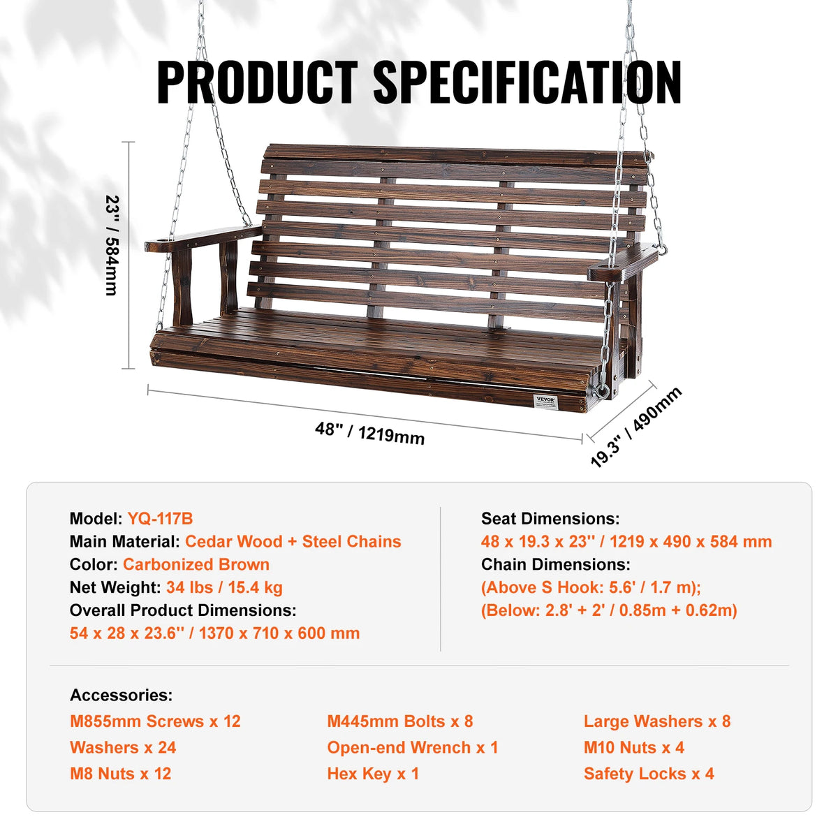 5FT Wooden Porch Swing Bench 880lbs Cedar Wood Steel Chains for Garden Courtyard Patio Outdoor