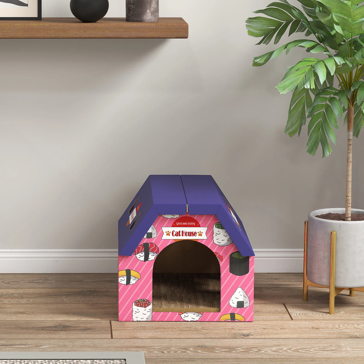 2 in 1 Cardboard Cat House and Scratching Board with 4 Paw Shaped Vents Sushi Design with Cat Grass Pink