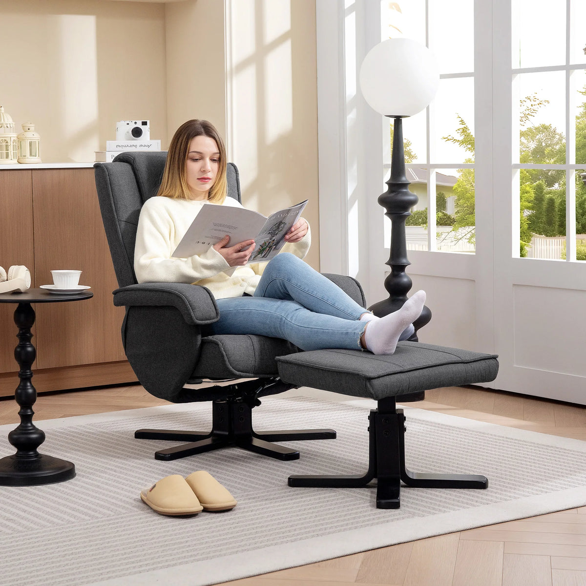 Swivel Recliner Armchair with Footstool, Linen-Look Fabric, Charcoal Grey