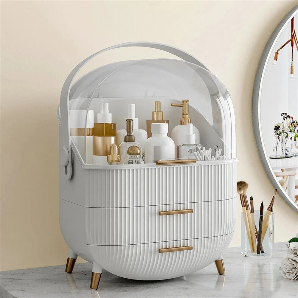 Large Makeup Organiser with 2 Drawers and Crystal Clear Dustproof Lid Jewellery and Skincare Storage Box