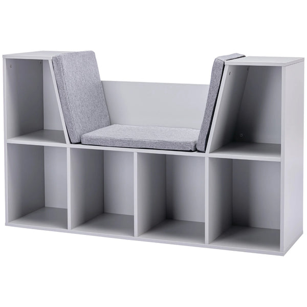 Kids Bookcase with 6 Compartments and Cushion Seat MDF Melamine Storage Unit 50kg Capacity Grey