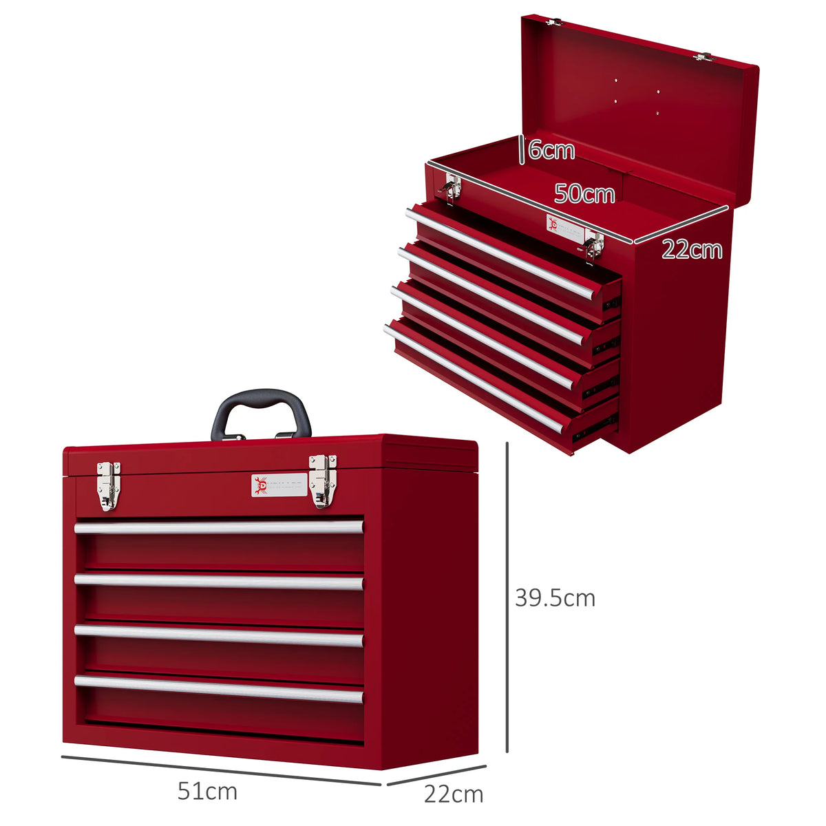 4 Drawer Steel Tool Chest with Ball Bearing Runners and Top Compartment, Red