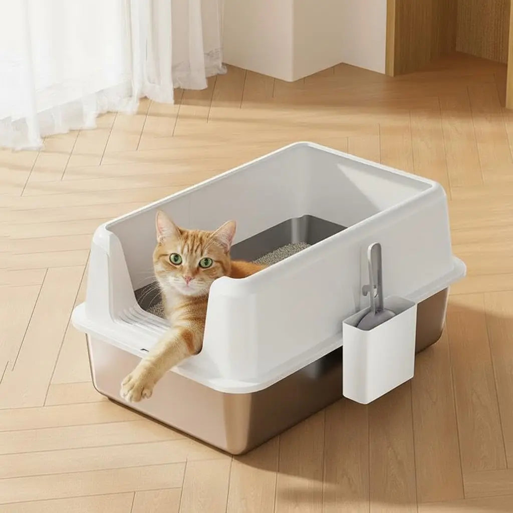 Stainless Steel Enclosed Cat Litter Pan 8 Inch Deep Non-Stick Metal Odor Control Splash Proof
