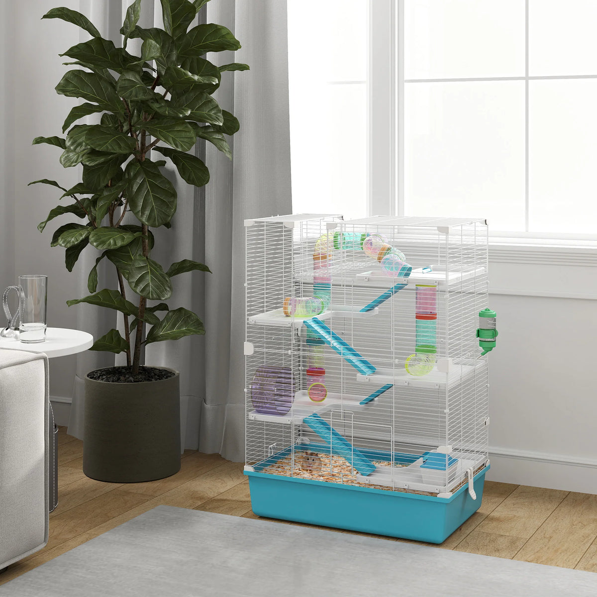 6 Tier Twin Tower Hamster Cage 58x36x81cm with Tube System 13cm Deep Base and 0.9cm Bar Spacing Light Blue