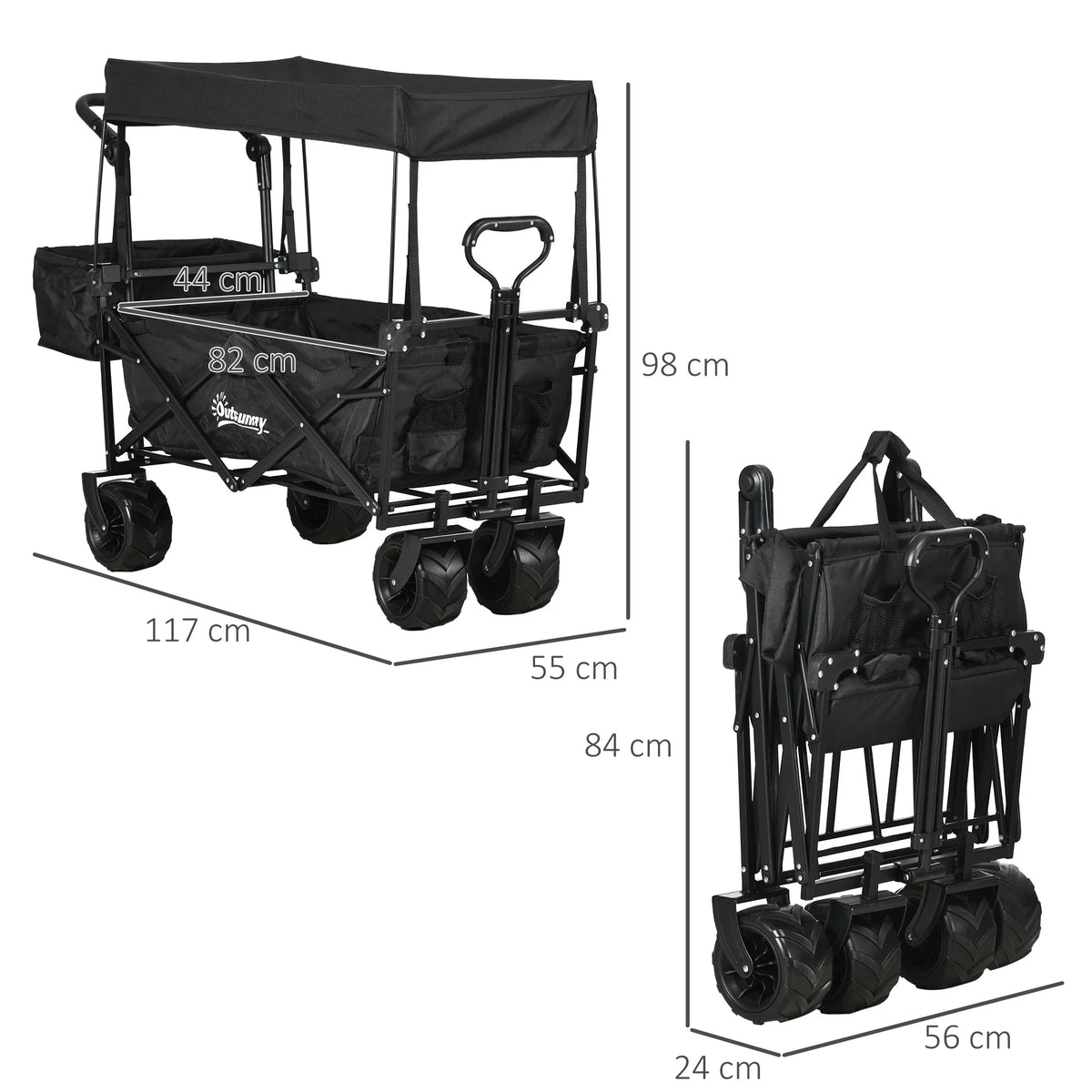 Folding Trolley Cart 68kg with 4 Wheels Telescopic Handle Canopy Side Pocket and Cup Holder Black