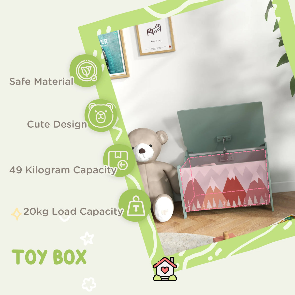 Kids Toy Chest with Safety Hinge Lid Opens to 70 Degrees Rounded Corners Wooden Storage Box
