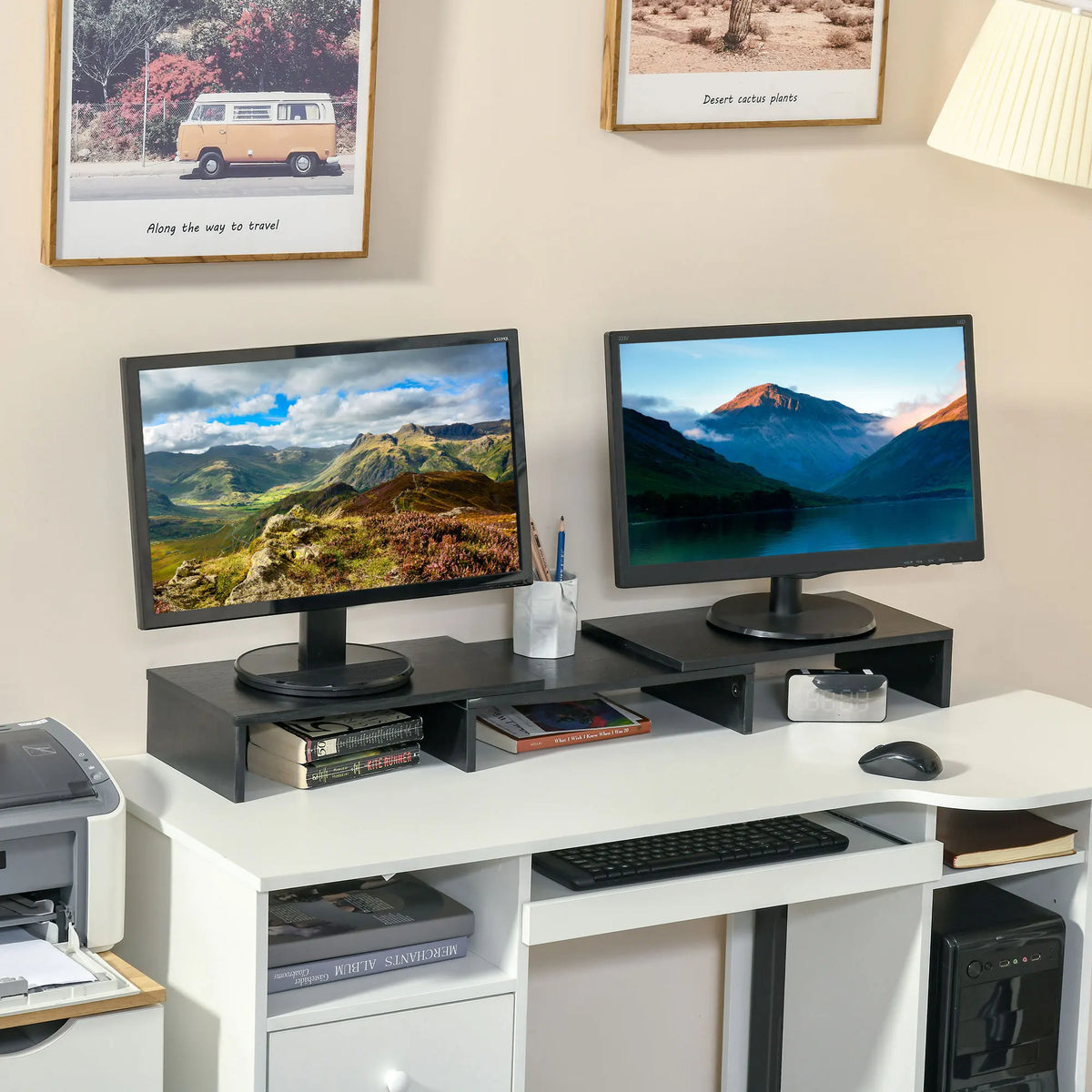 Dual Monitor Stand Riser with 3 Shelves, Adjustable Length and Angle, Black