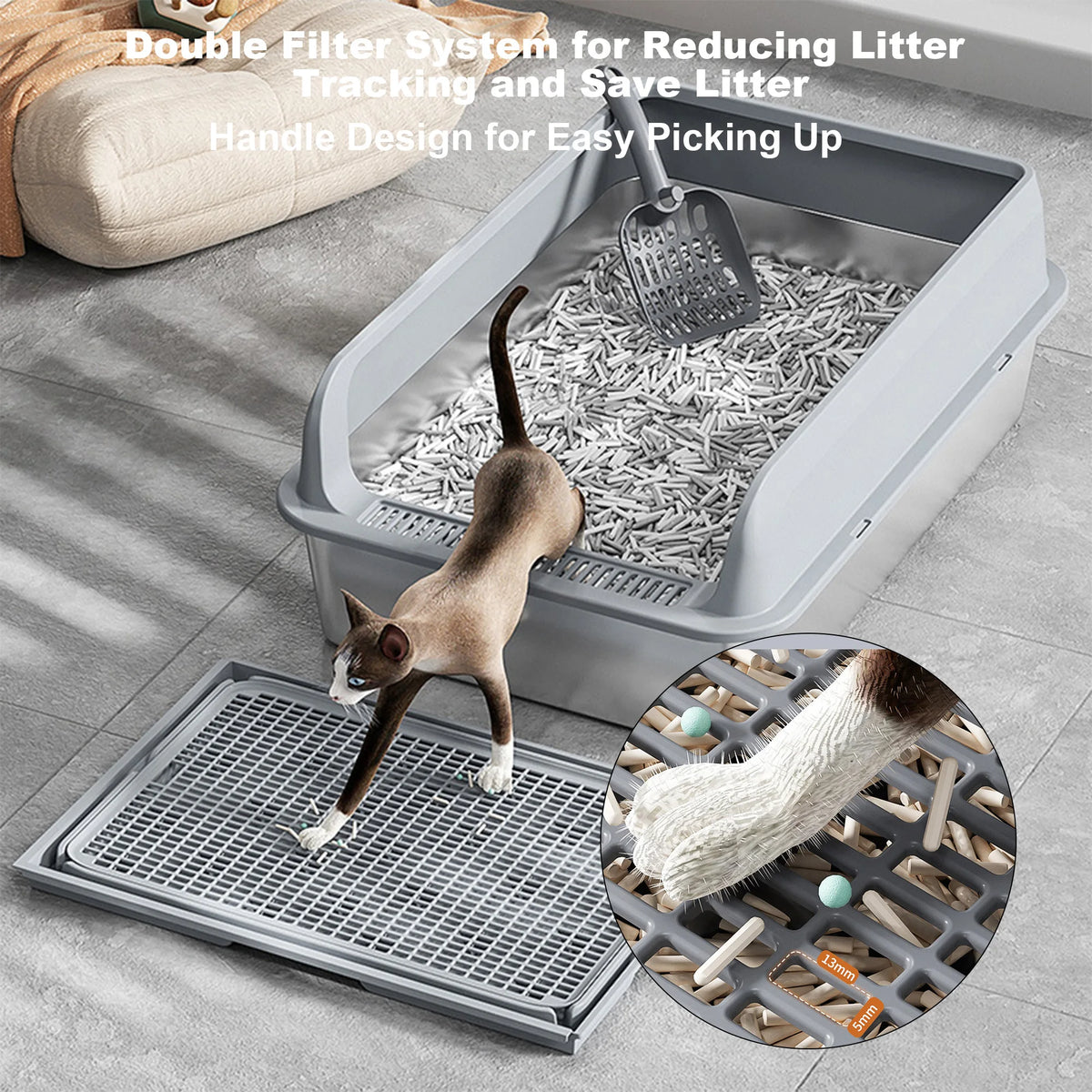 Stainless Steel Cat Litter Box with Lid High Sides 15.75x11.81in Double Layer Mat Non-Stick for Big Cats