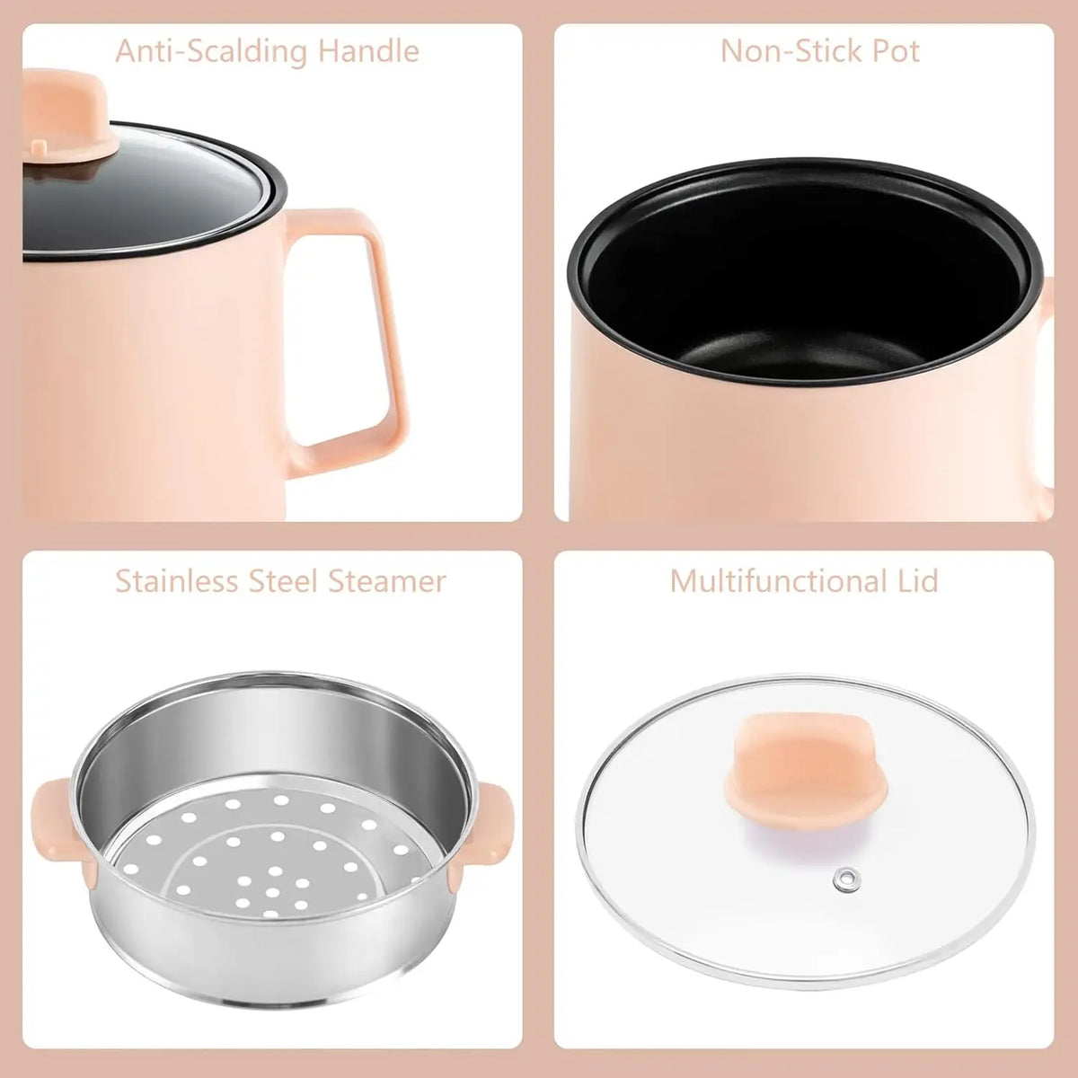 1.7L Electric Hot Pot with Steamer, 2-Layer Mini Cooker for Noodles, Soup and Porridge