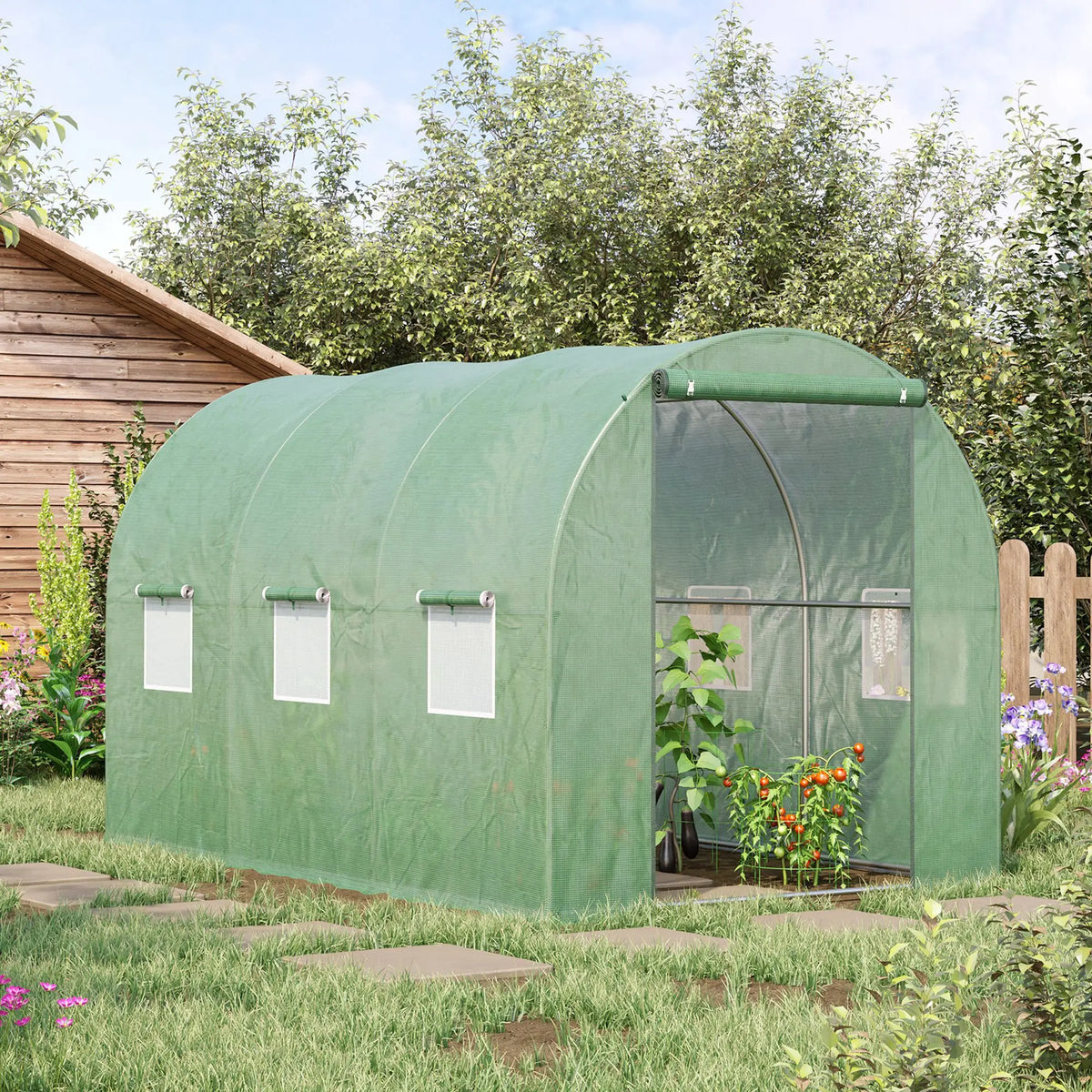 Walk-In Polytunnel Greenhouse with Zipped Door and Roll-Up Windows, 3 x 2 x 2m, Green