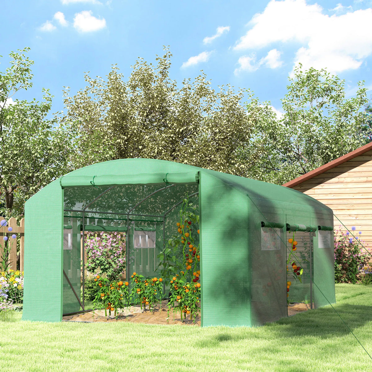 4 x 3 x 2m Polytunnel Greenhouse with 3 Roll-Up Doors and Mesh Windows