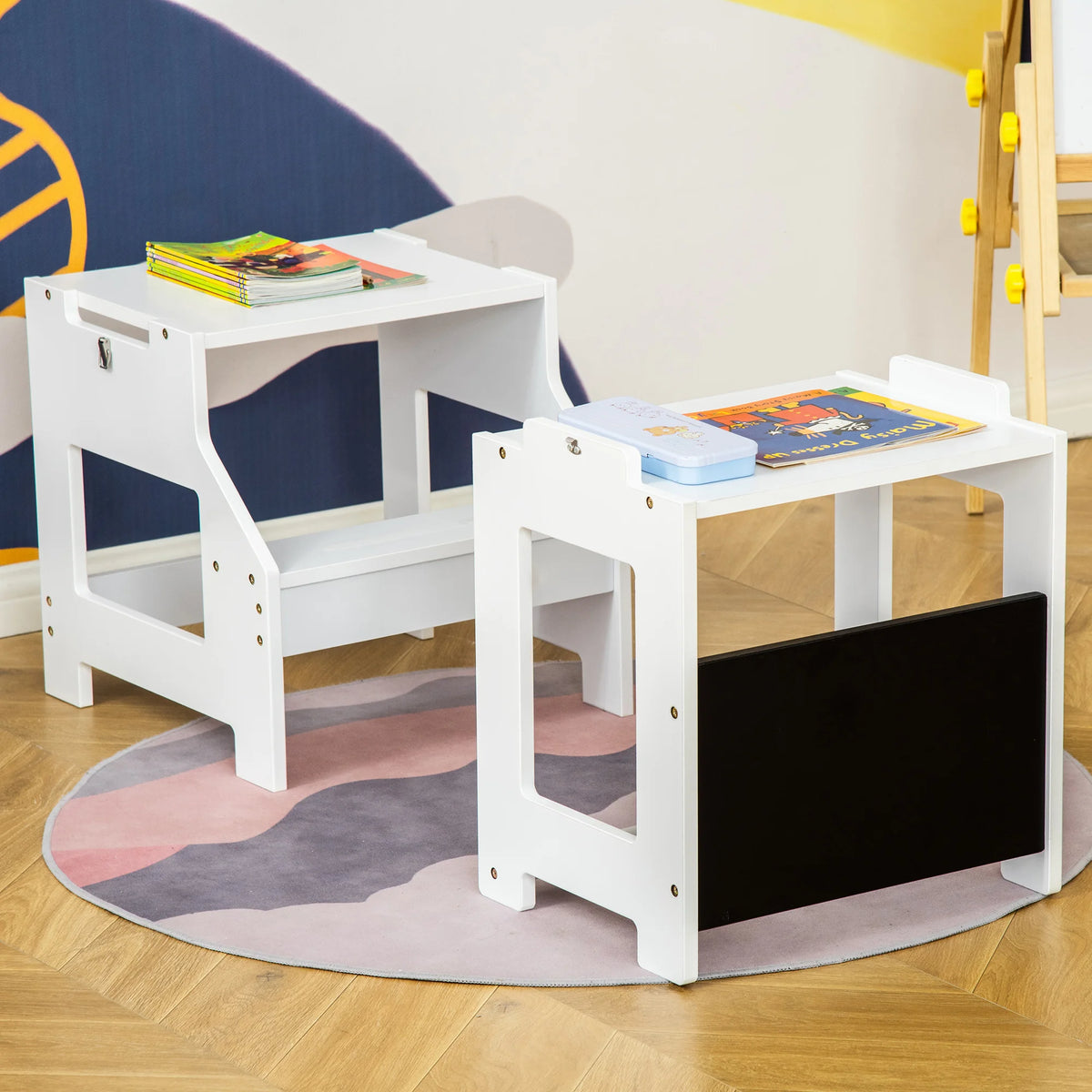 2 in 1 Kids Kitchen Step Stool with Safety Rail Converts to Table and Chair with Chalkboard MDF White