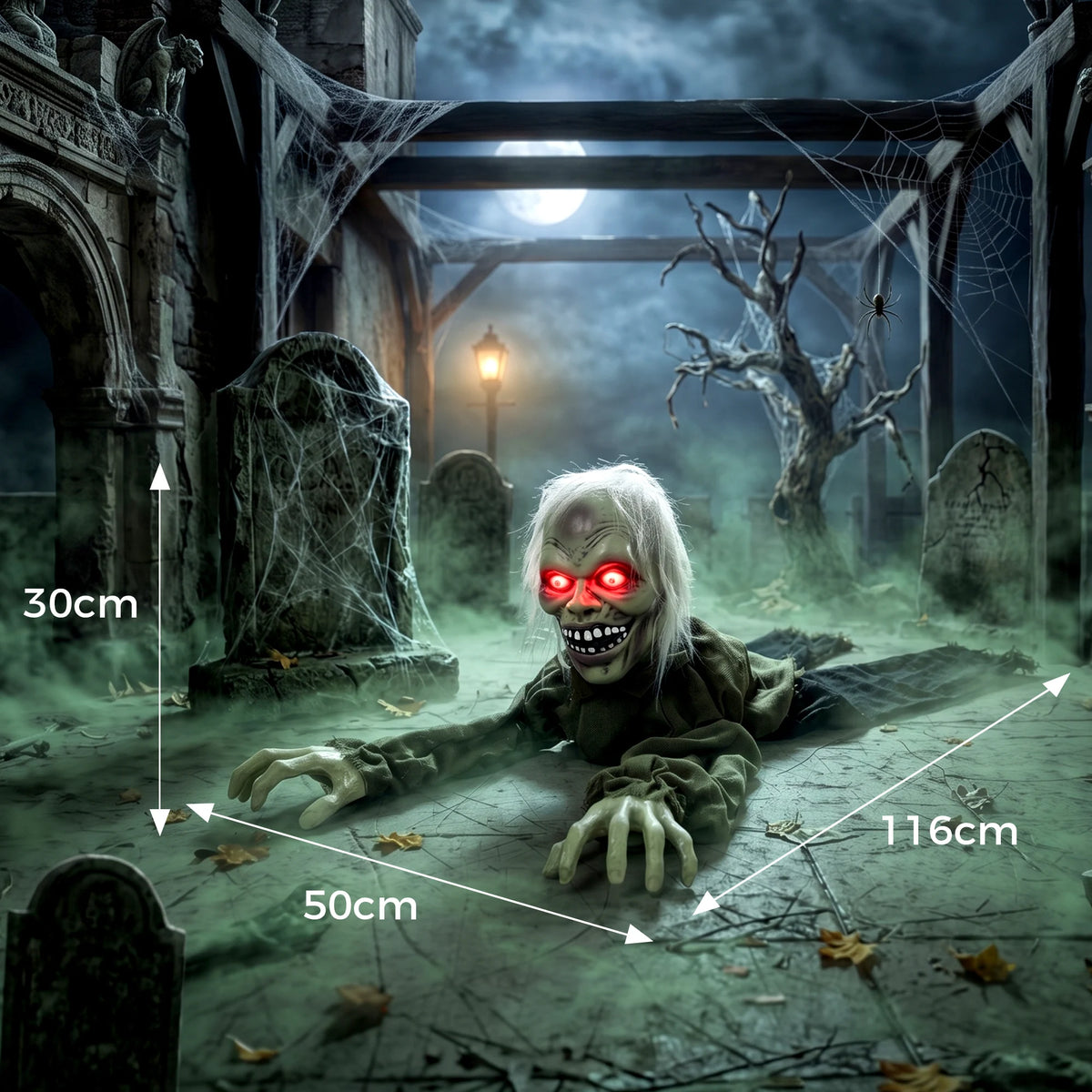 Animatronic Crawling Zombie Halloween Prop, Light-Up Eyes