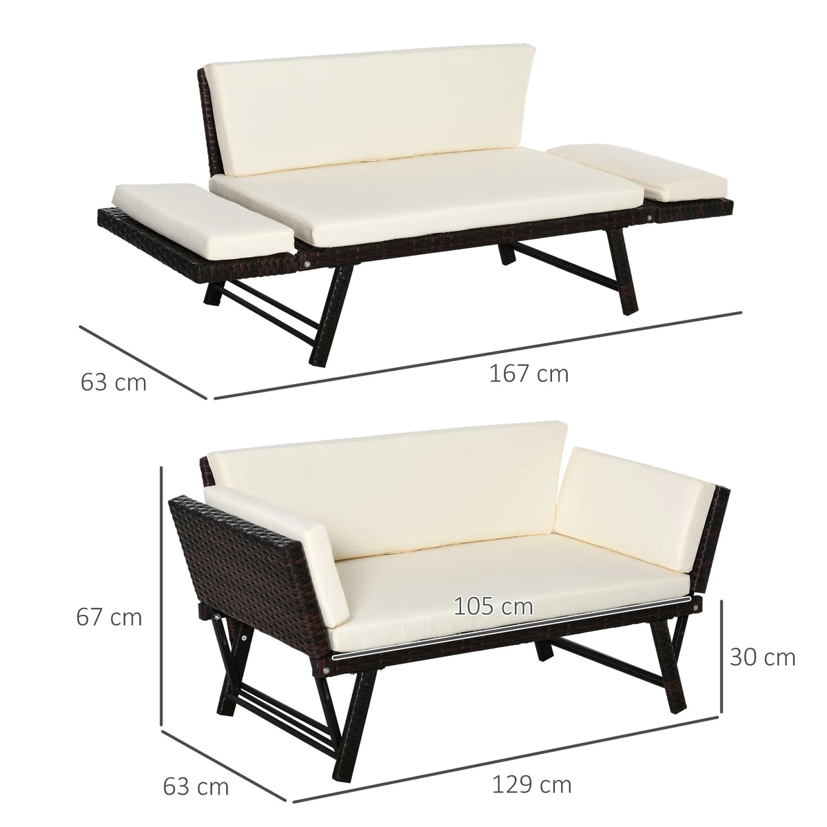 2 Seater Rattan Sofa with Cushions, 2-in-1 PE Rattan Daybed with Adjustable Armrests