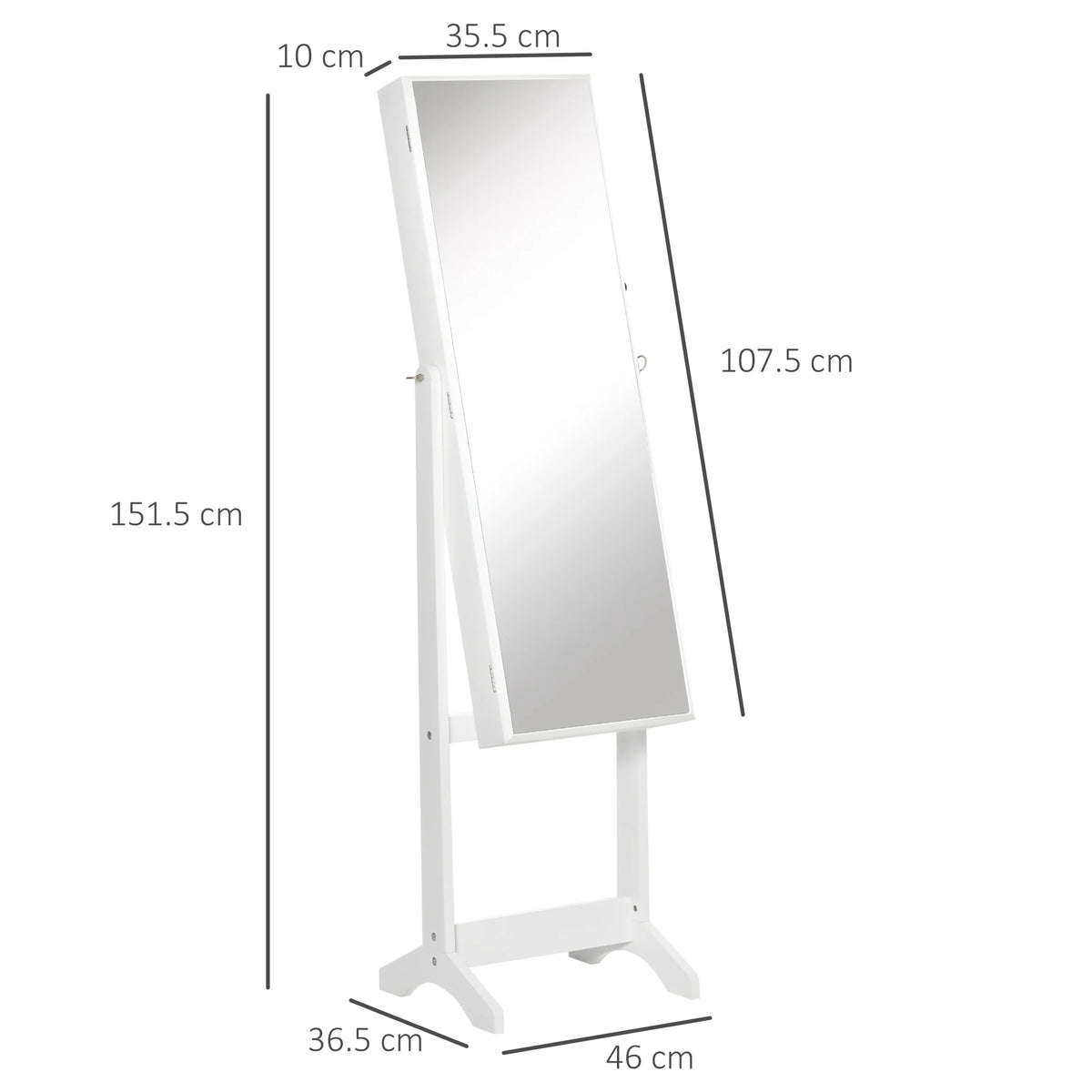 Lockable Jewellery Cabinet with Full-Length Mirror, White