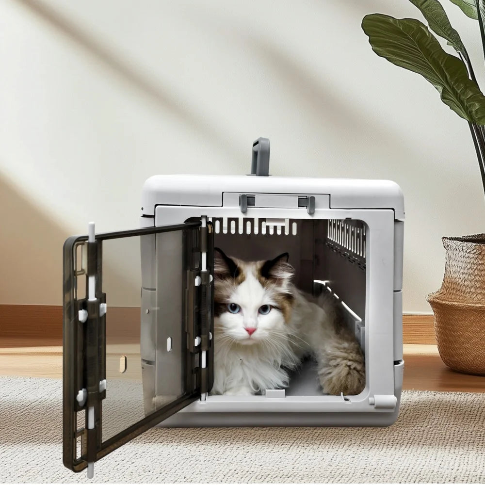 Foldable Hard Pet Carrier Box Lockable Travel Crate for Cats and Small Dogs 48x32x31.5cm Grey