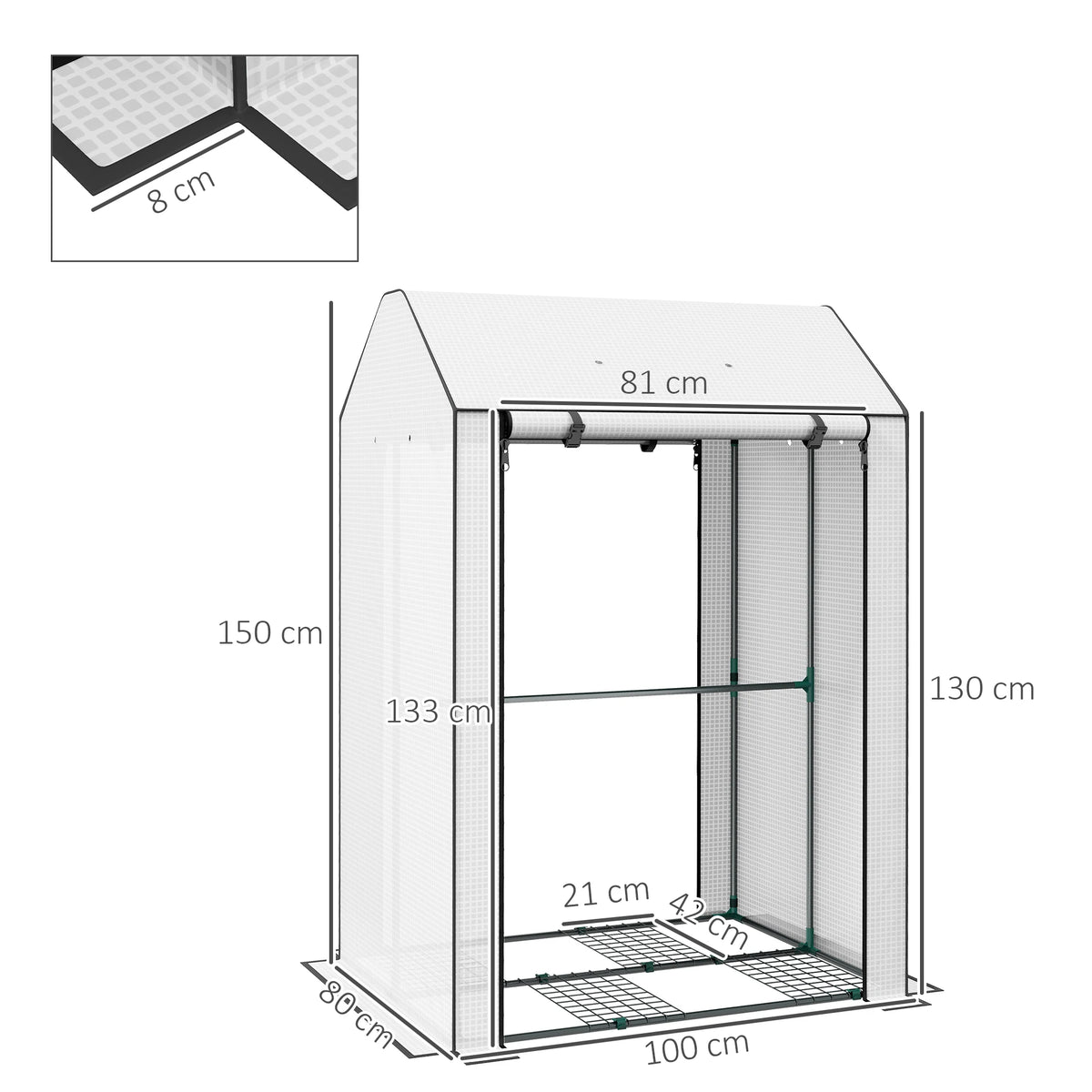 Compact Greenhouse with 4 Wire Shelves and Vents, 100 x 80 x 150cm, White