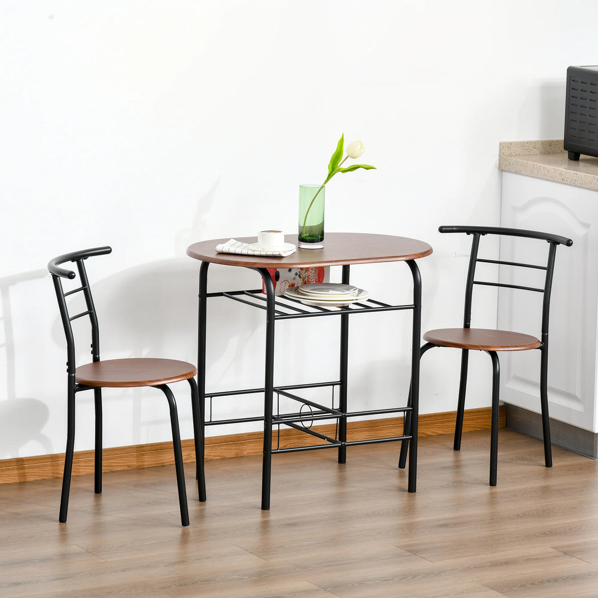 3 Piece Bar Table Set with 2 Stools and Storage Shelf Industrial Metal Frame Oak Tone MDF Water Resistant