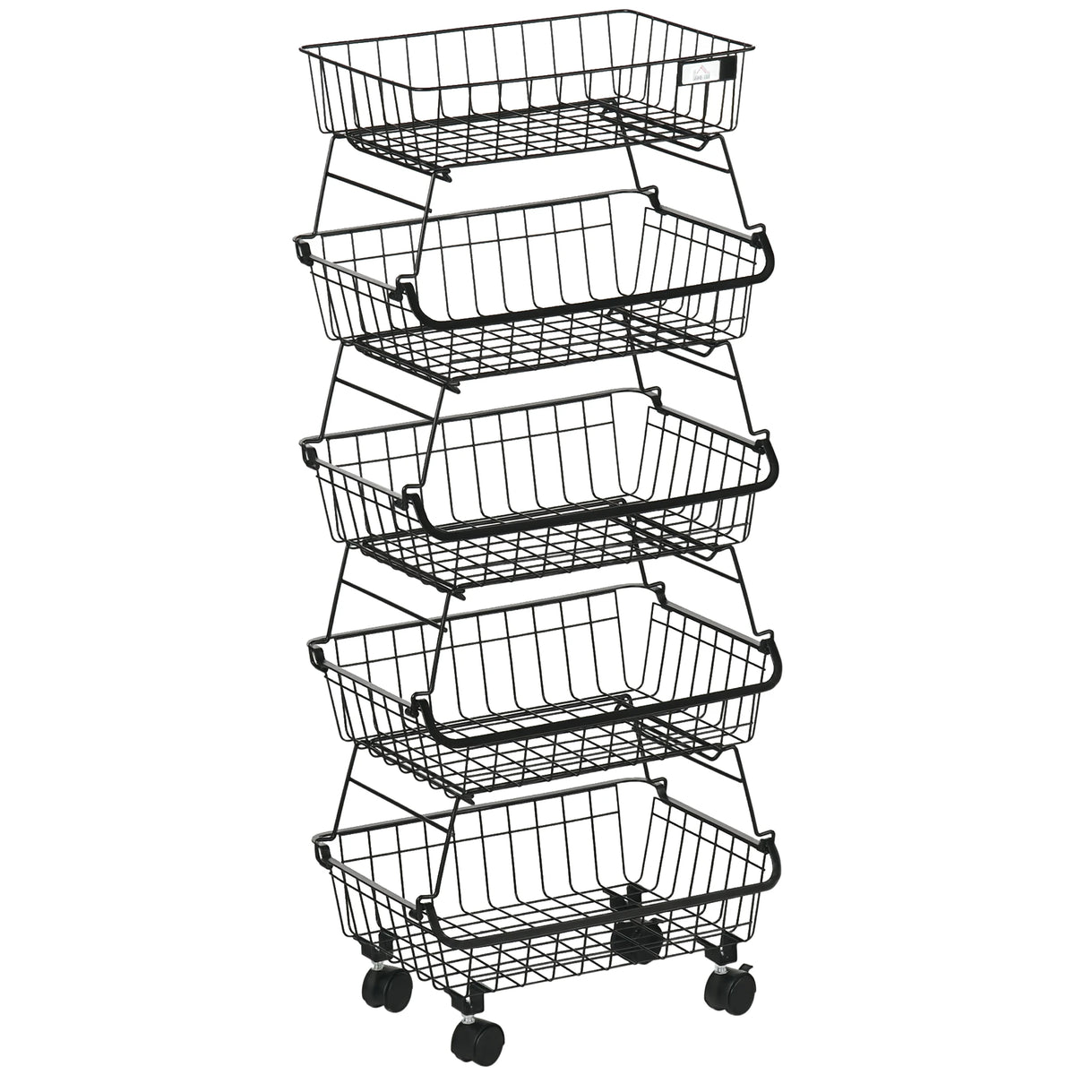 5-Tier Stackable Wire Storage Basket Trolley with Wheels, Black