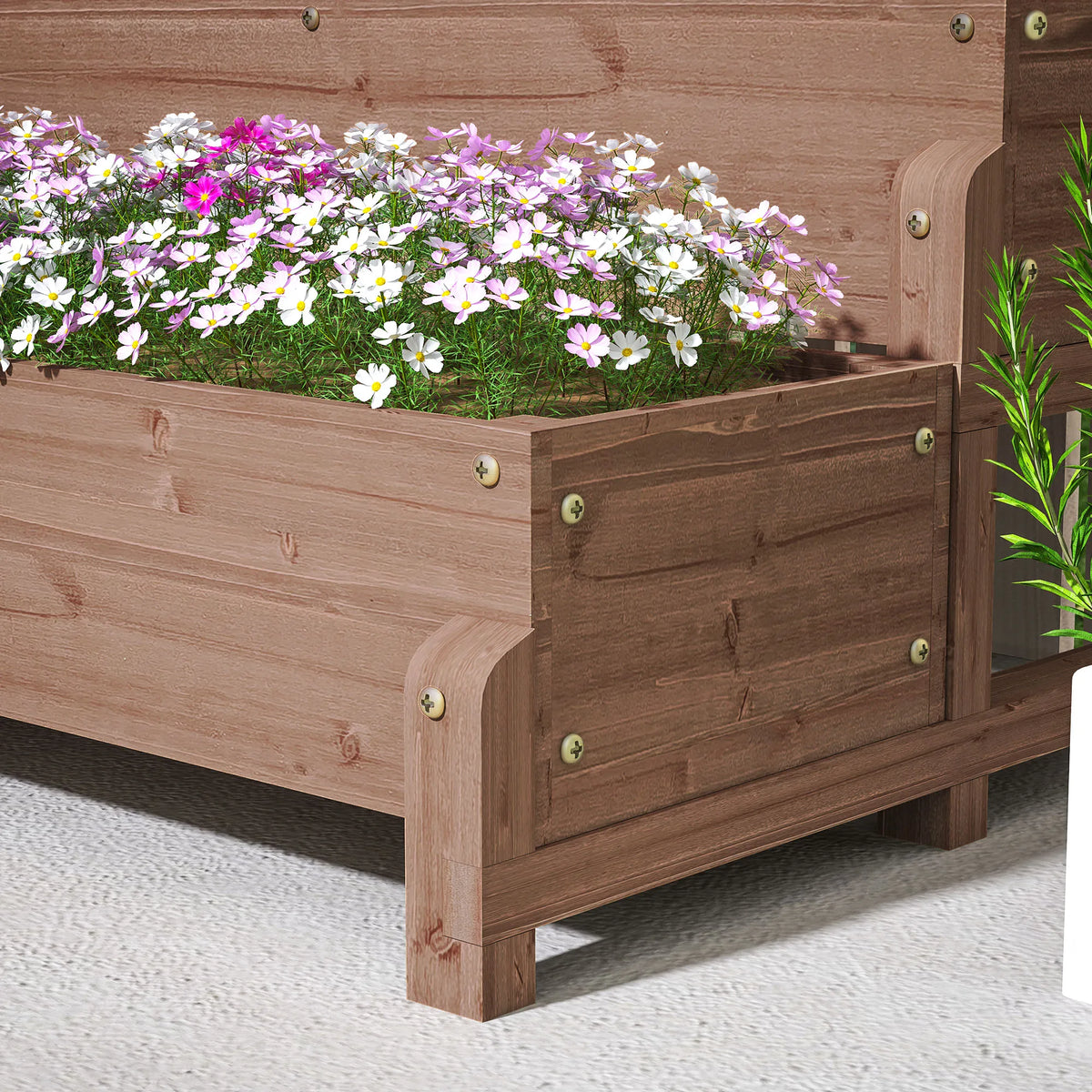 2-Tier Wooden Raised Flower Bed with Trellis and Drainage Holes, Brown
