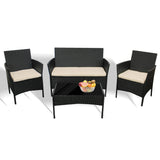 4 Piece Rattan Sofa Set 2 Armchairs Double Sofa Glass Table Cushions Free Cover UV Resistant Garden Patio Black