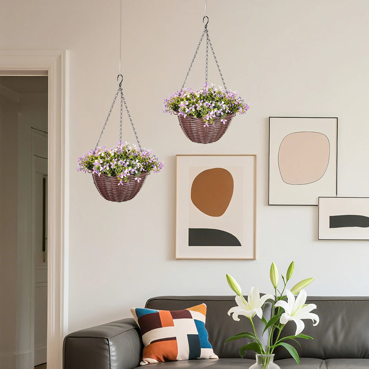 Set of 2 Artificial Flowers in Hanging Baskets with 75 Leaves and 150 PE Flowers Cement Soil Purple