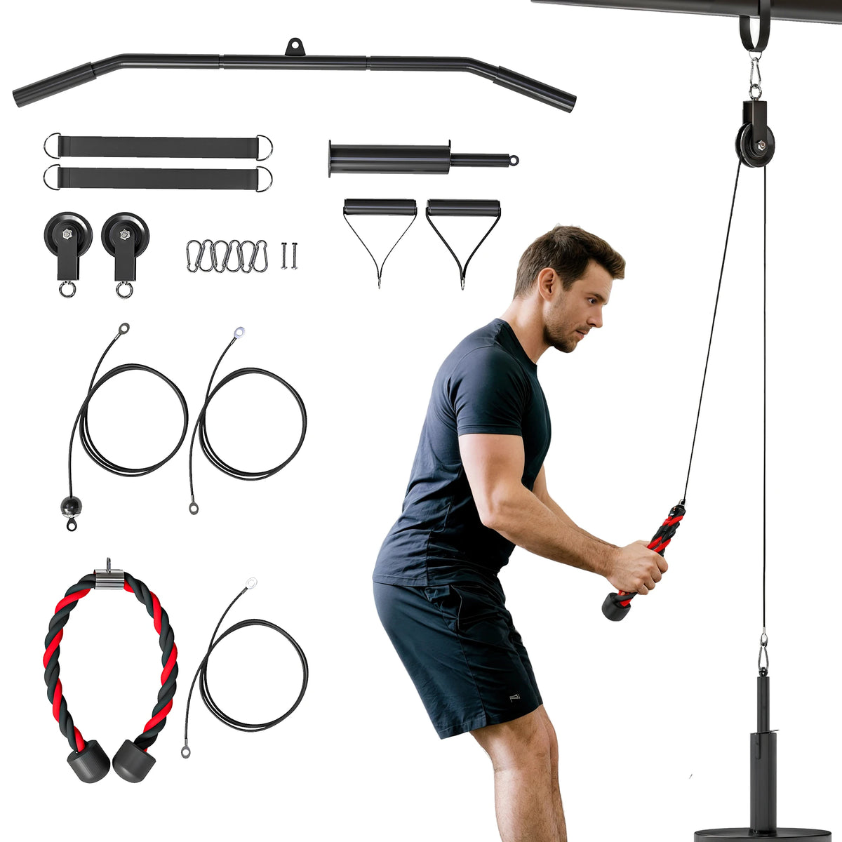 Cable Pulley System for Home Gym with Lat Pull-Down Bar and Handles, 100kg