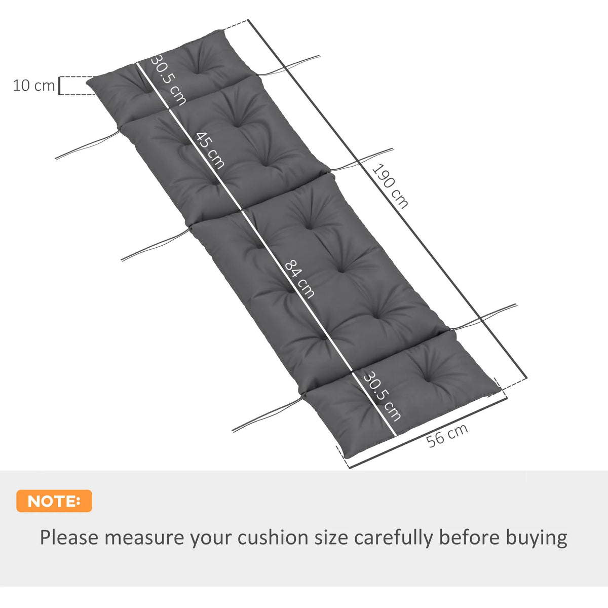 Sun Lounger Cushion Only, Garden Lounge Chair Cushion, 190 x 56 x 10cm, Dark Grey