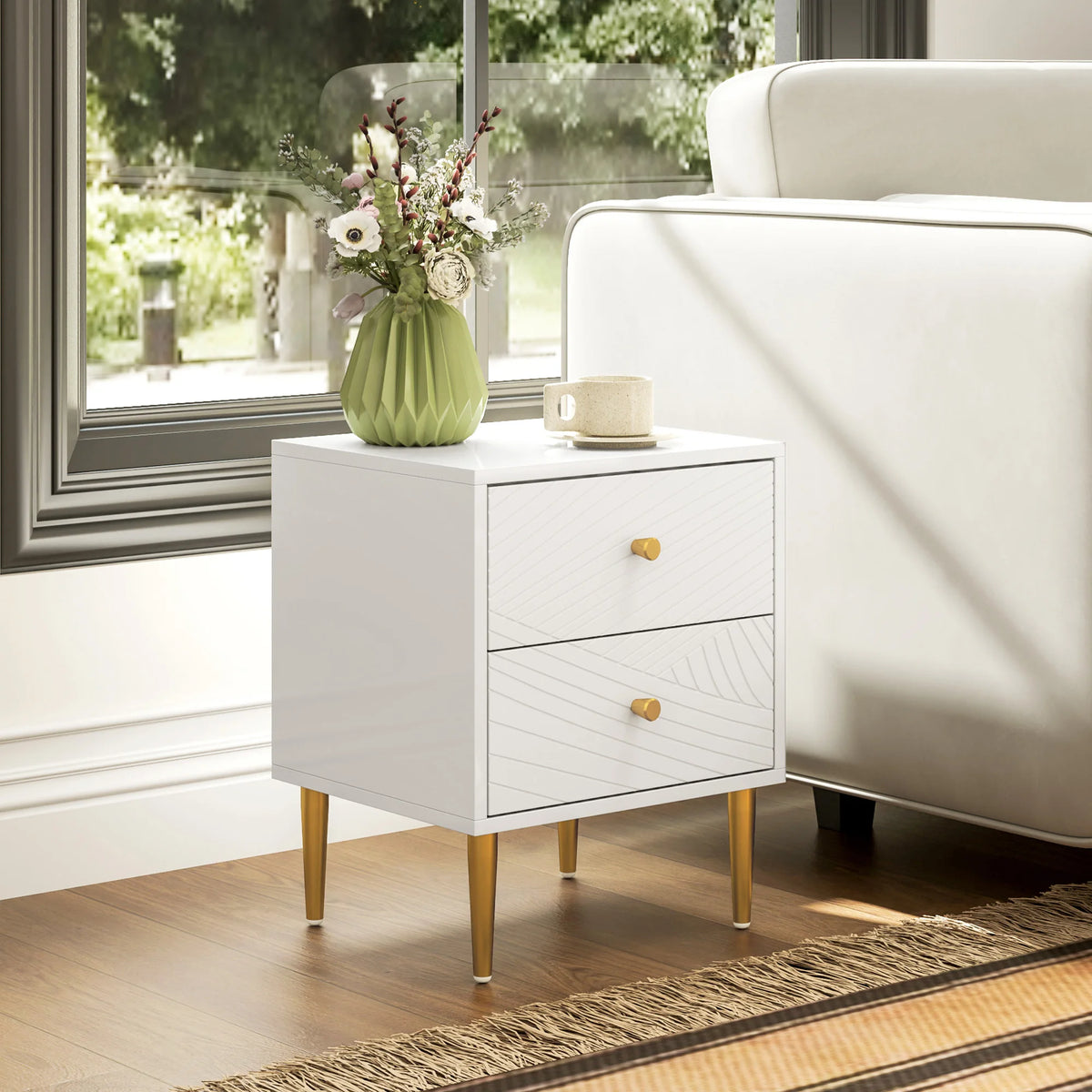 Modern Bedside Table with Drawer, Side Table with Metal Legs, White