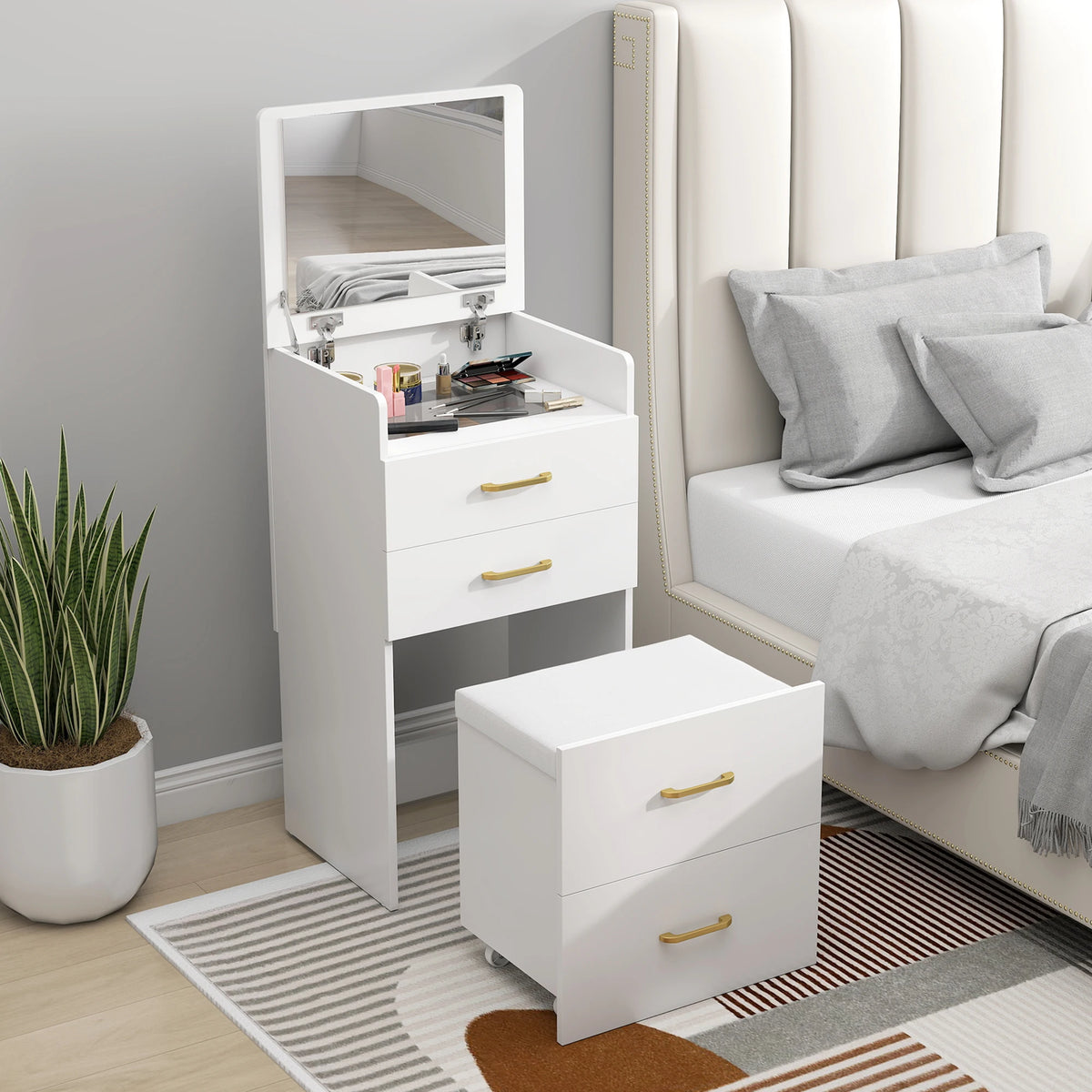 Dressing Table Set with Flip-Up Mirror and Cushioned Stool, White