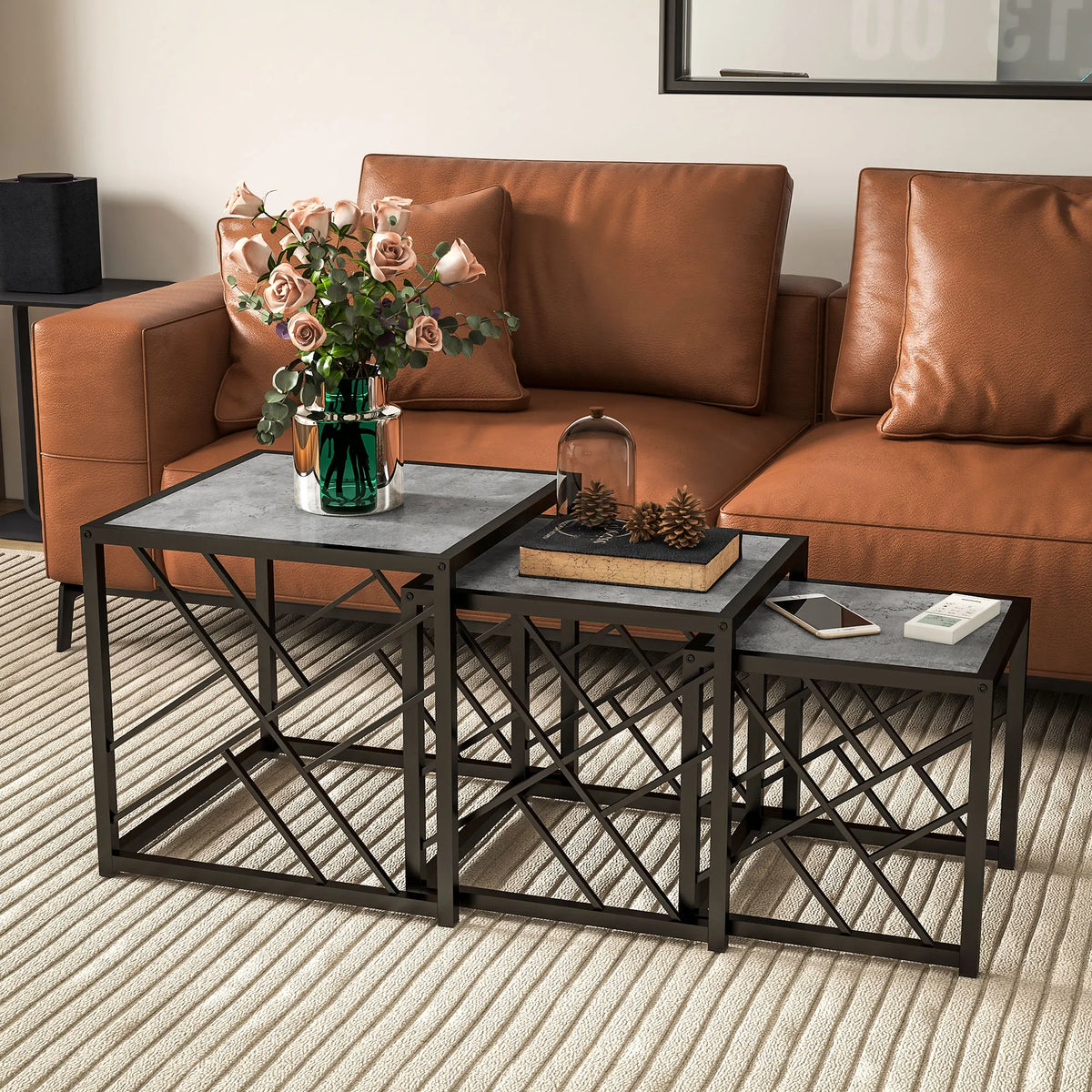 Set of 3 Nesting Coffee Tables with Metal Frames, Square Side Tables, Grey