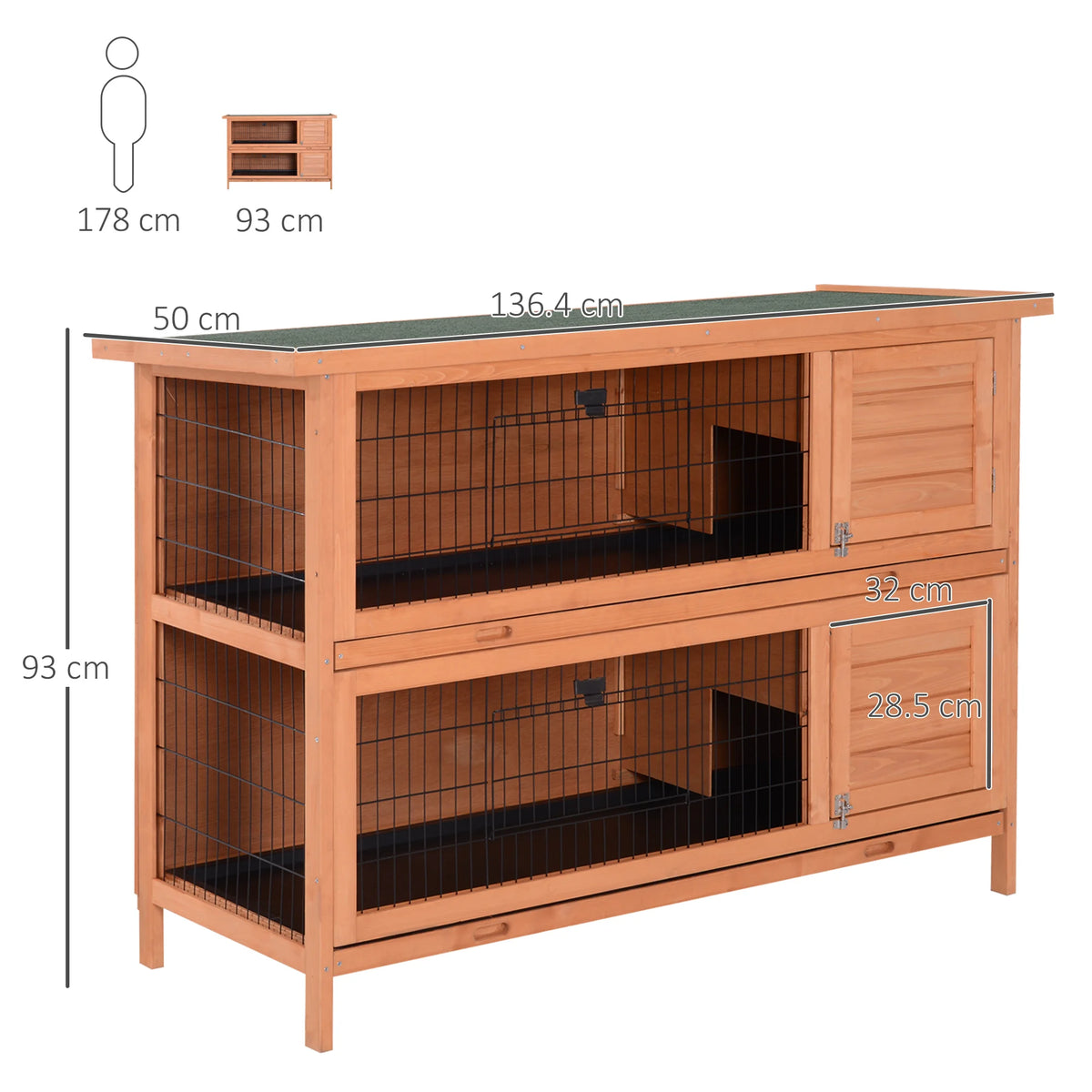 Large Rabbit Hutch 54 Inch 2 Tier with Divider 4 Doors 2 Sliding Trays and Asphalt Roof Fir Wood