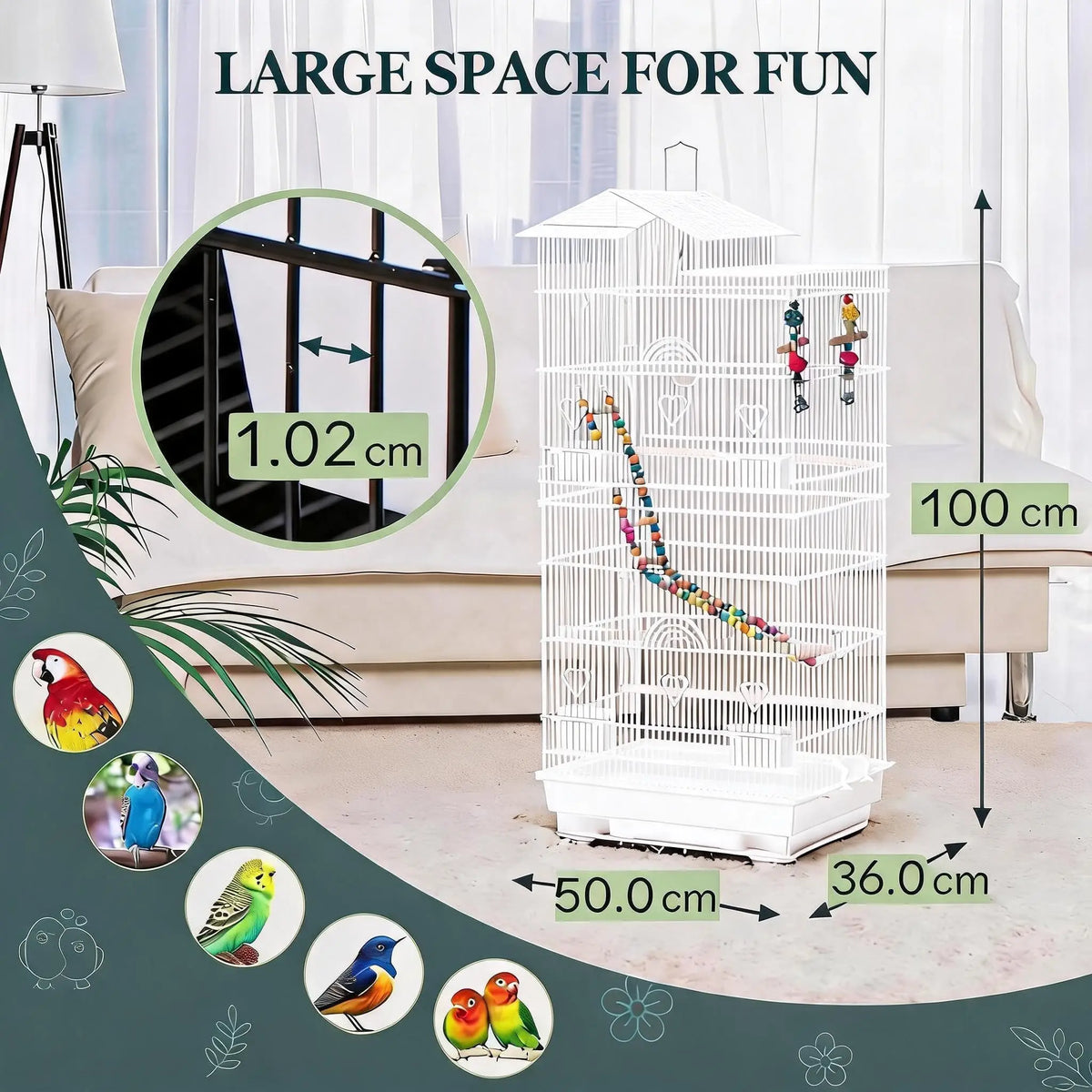 Tall Metal Bird Cage with Perches, Ladder, Toy and Pull-Out Tray, White