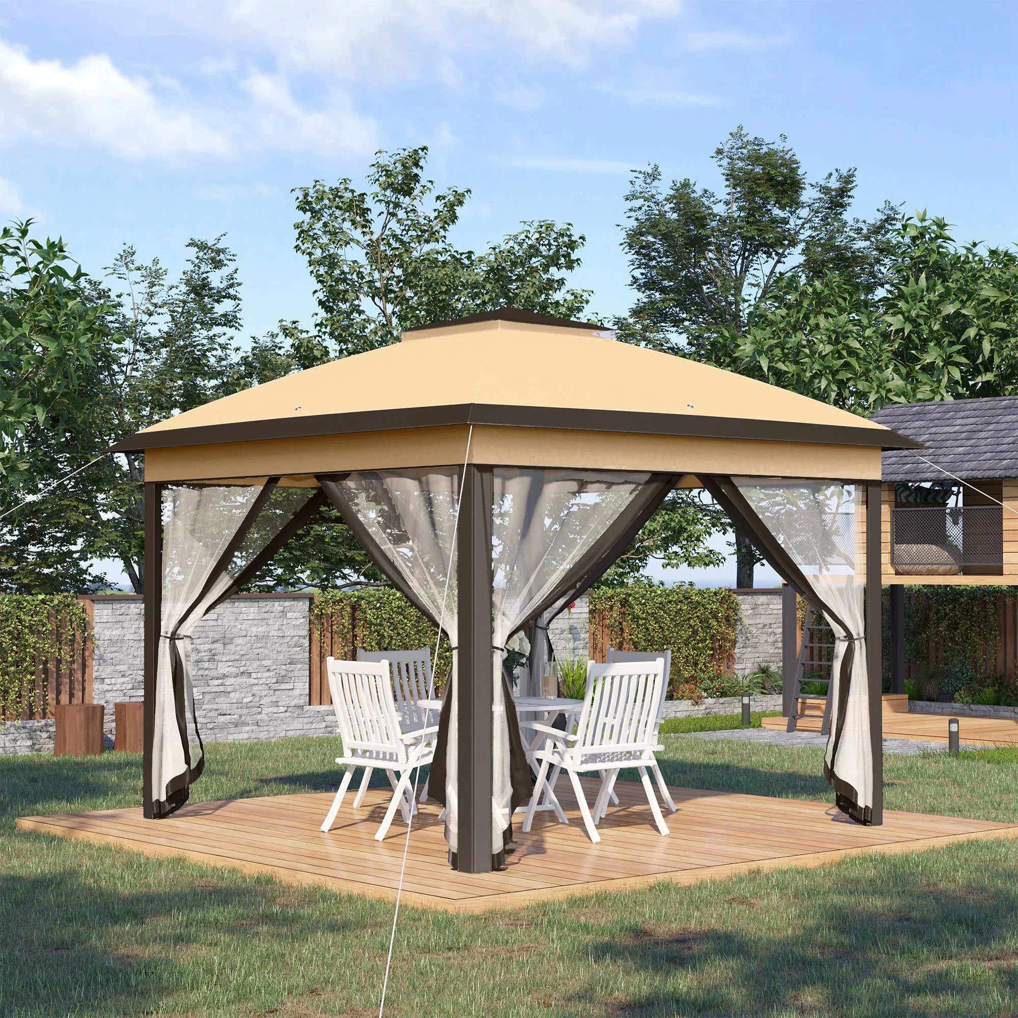 3.3 x 3.3m Pop-Up Gazebo with Double Roof, Zipped Mesh Sidewalls, 3-Height Adjustment and Carry Bag