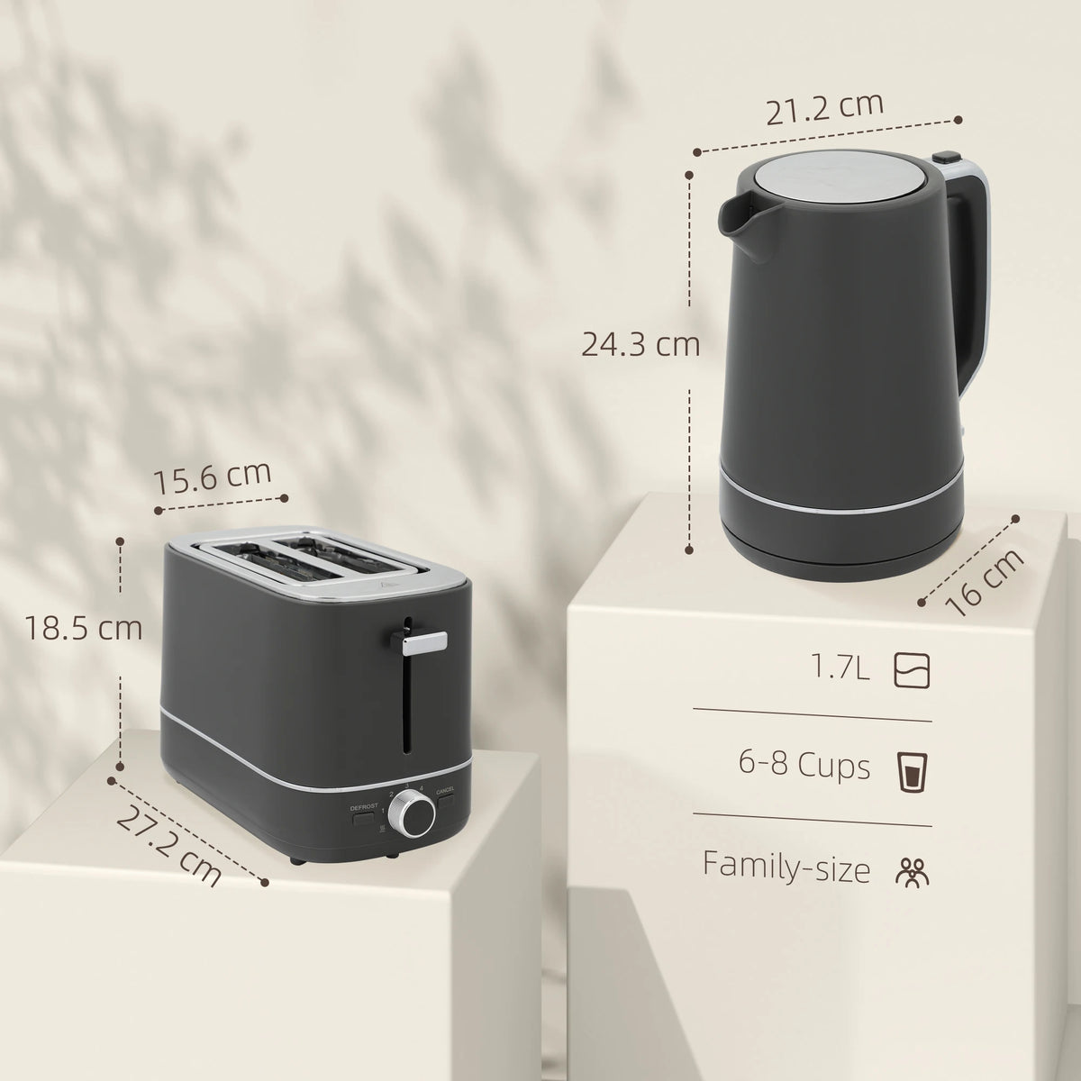 1.7L Fast Boil Kettle and 2 Slice Toaster Set with 6 Level Browning, Grey