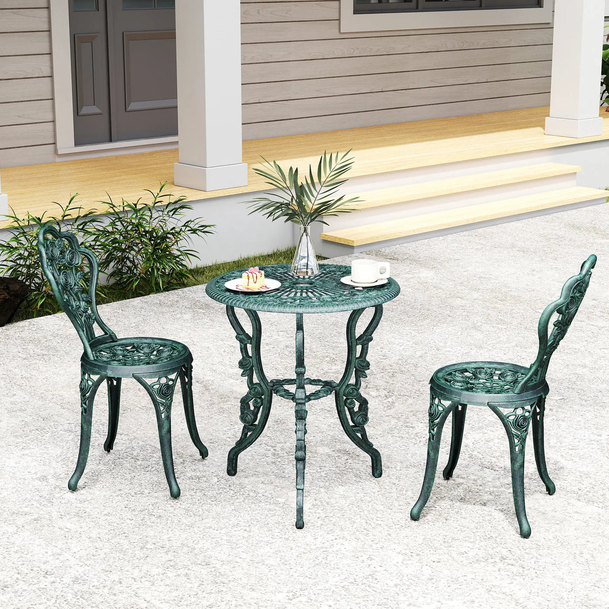 Cast Aluminium Outdoor Patio Garden Bistro Table & Chair Set, Green (3-Piece)